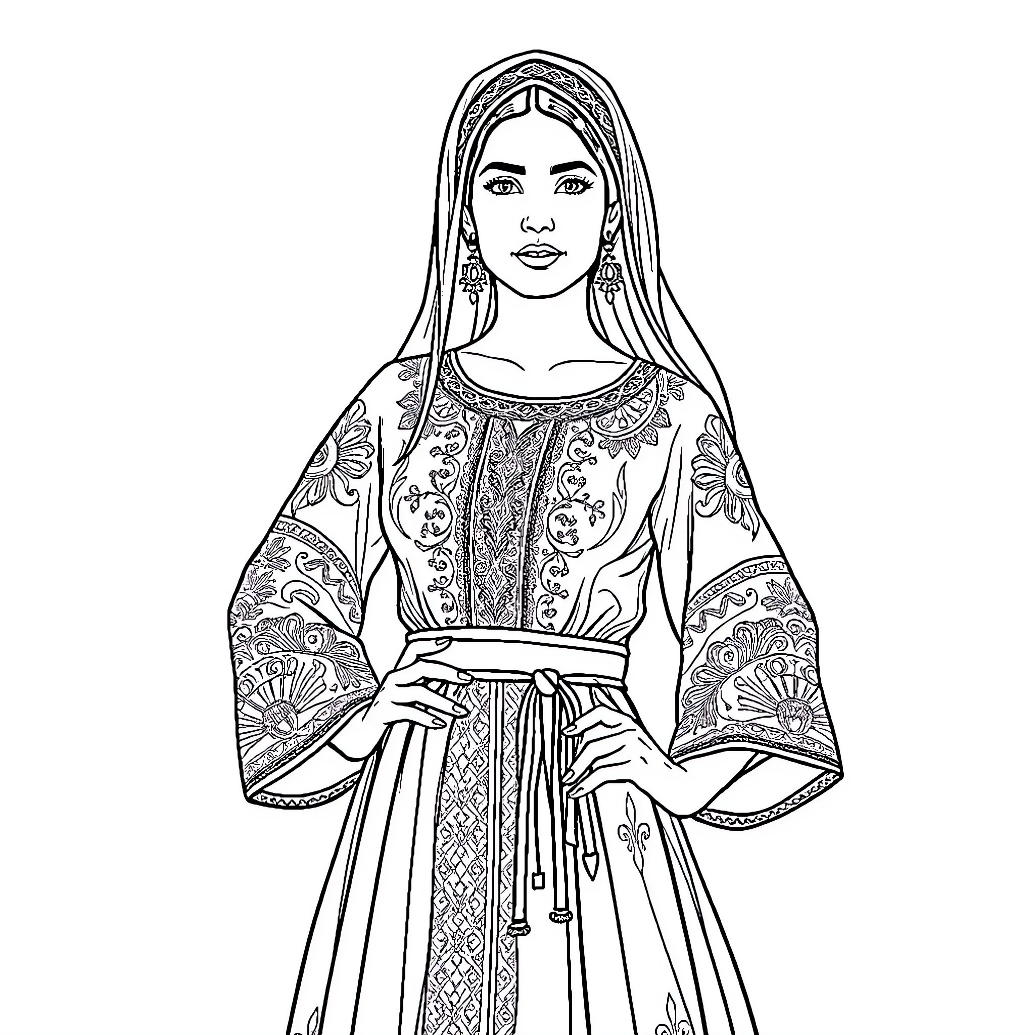 Woman in traditional ornate dress with flowing sleeves Coloring Page (free black-and-white line drawing printable PDF for all, from beginners to advanced learners, including children, teens, adults, and seniors)