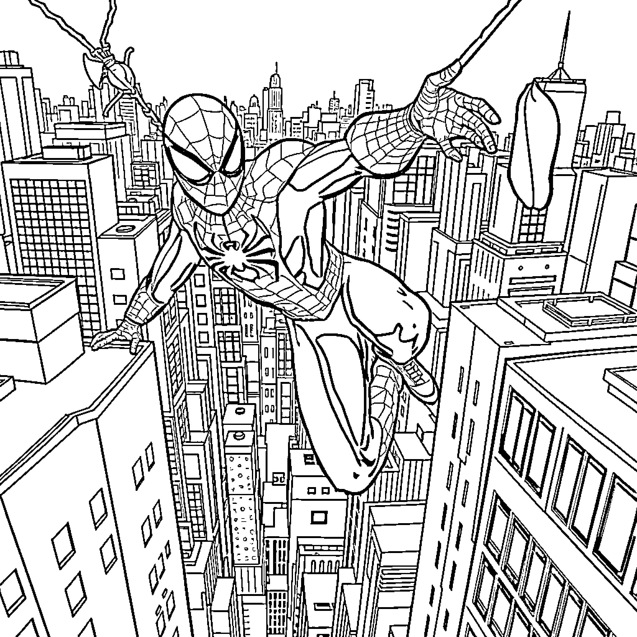Spider-Man Swinging Through the Cityscape Coloring Page (free black-and-white line drawing printable PDF for all, from beginners to advanced learners, including children, teens, adults, and seniors)