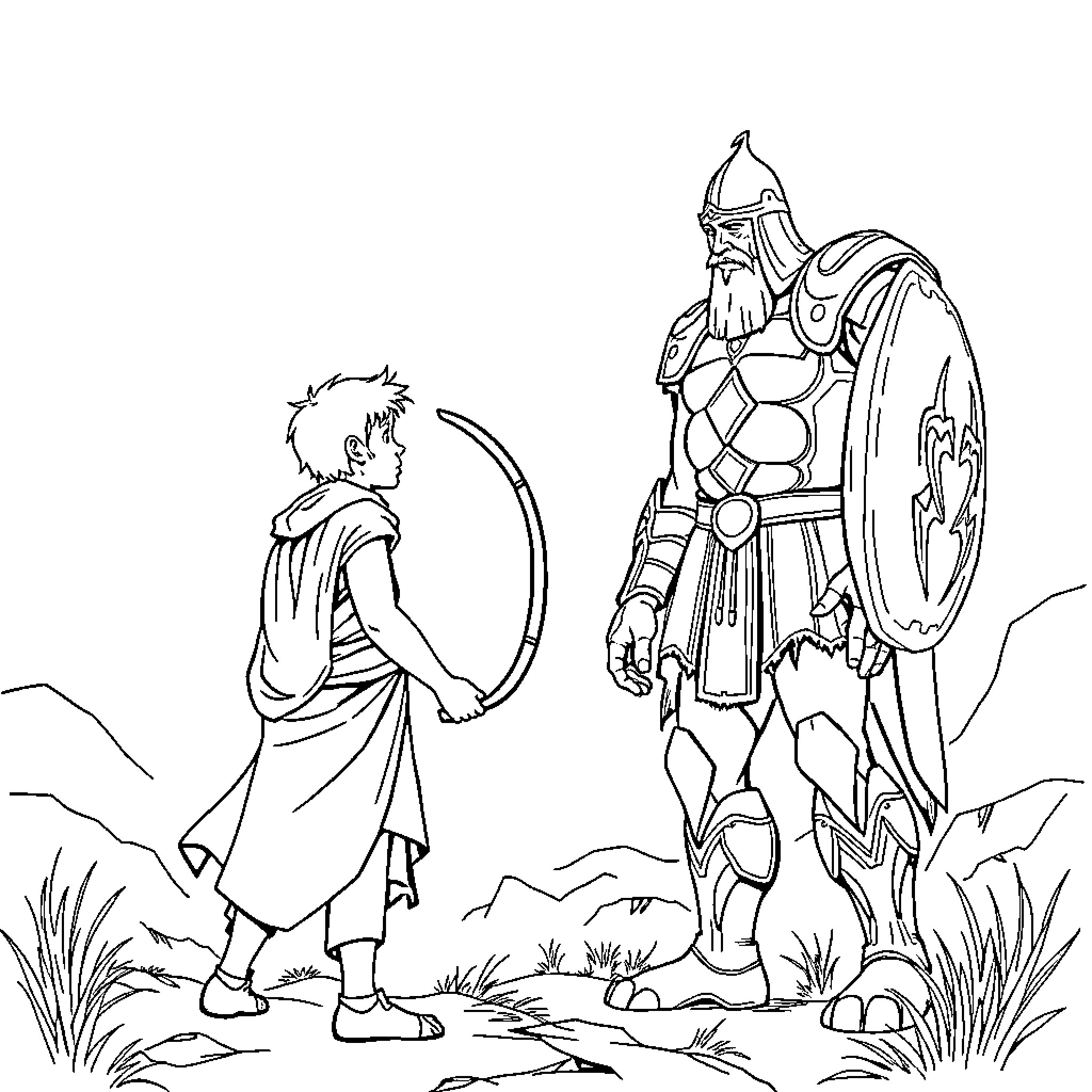 David confronting the armored warrior in the wilderness Coloring Page (free black-and-white line drawing printable PDF for all, from beginners to advanced learners, including children, teens, adults, and seniors)