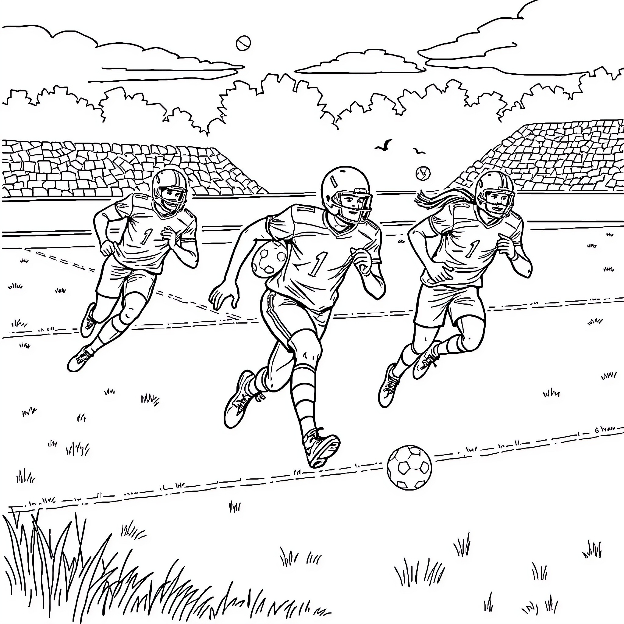 Football Players Running with Ball on Field Coloring Page (free black-and-white line drawing printable PDF for all, from beginners to advanced learners, including children, teens, adults, and seniors)