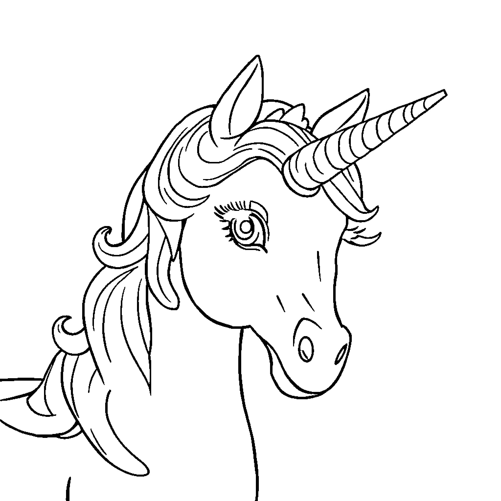 Unicorn gazing with graceful expression Coloring Page (free black-and-white line drawing printable PDF for all, from beginners to advanced learners, including children, teens, adults, and seniors)