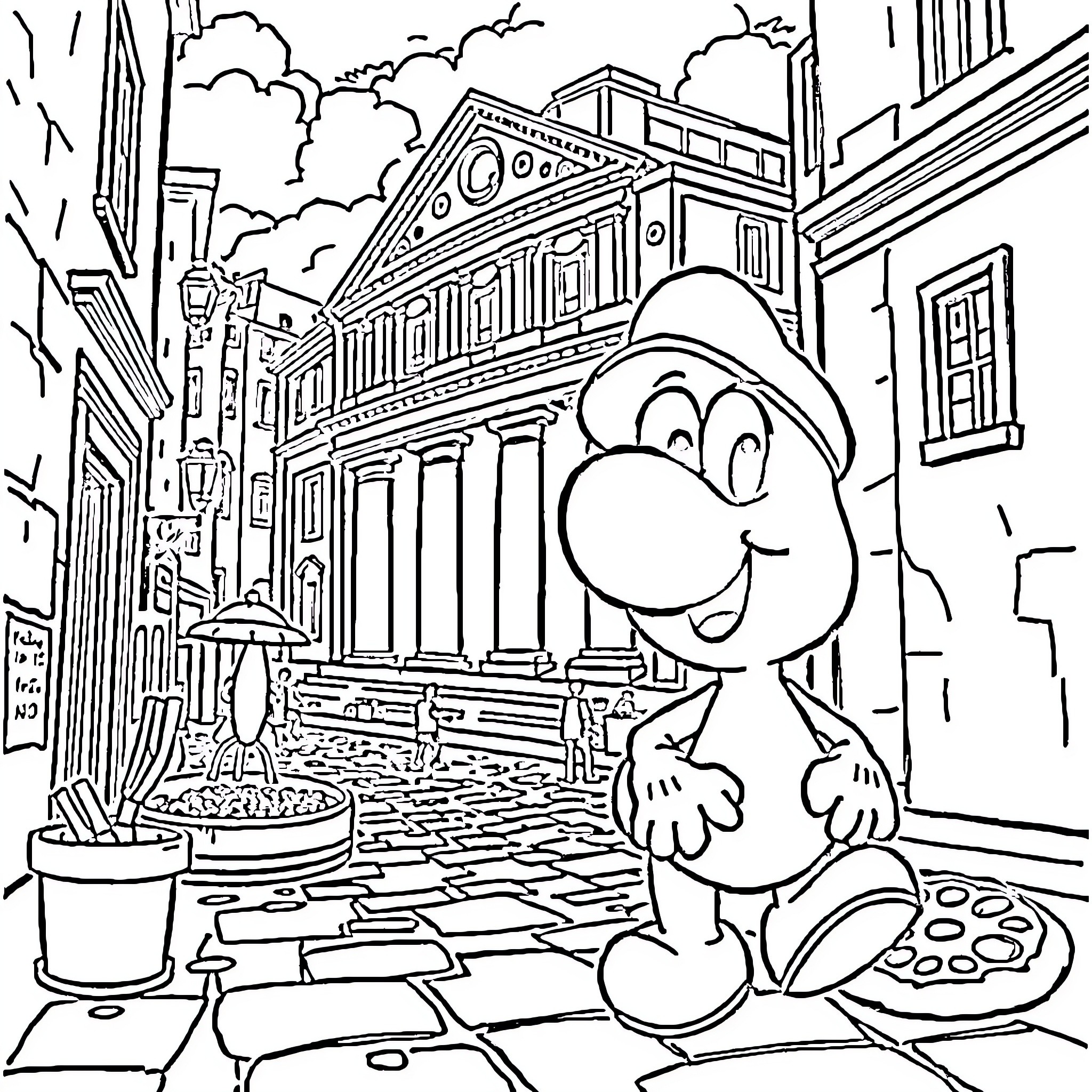 Yoshi exploring the colorful city streets Coloring Page (free black-and-white line drawing printable PDF for all, from beginners to advanced learners, including children, teens, adults, and seniors)