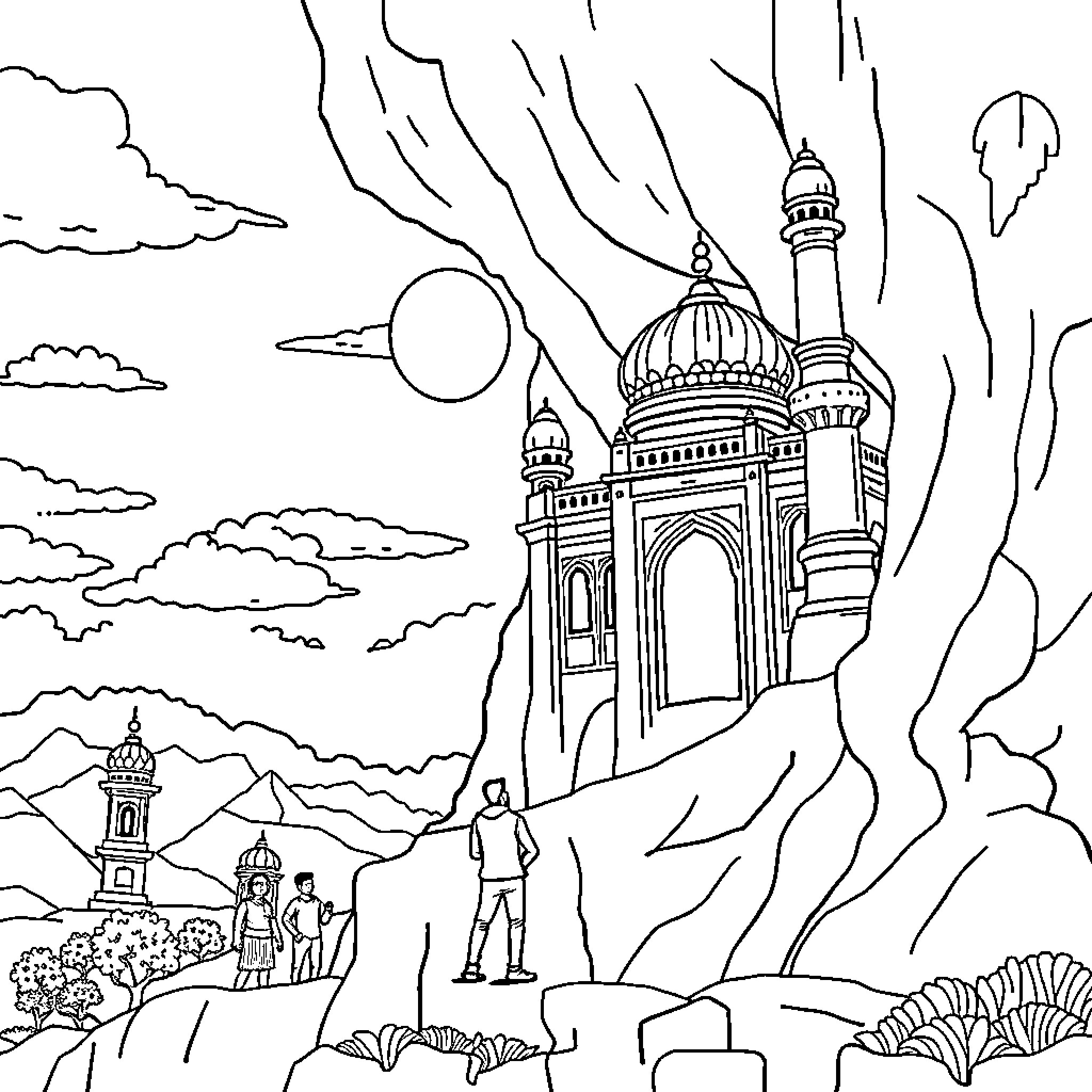 India: Majestic Domed Mosque in Mountainous Landscape Coloring Page (free black-and-white line drawing printable PDF for all, from beginners to advanced learners, including children, teens, adults, and seniors)