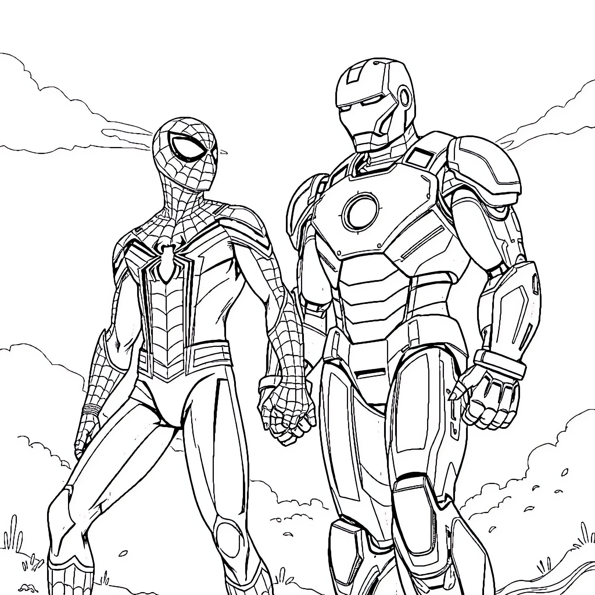 Spider-Man and Iron Man standing together heroically Coloring Page (free black-and-white line drawing printable PDF for all, from beginners to advanced learners, including children, teens, adults, and seniors)