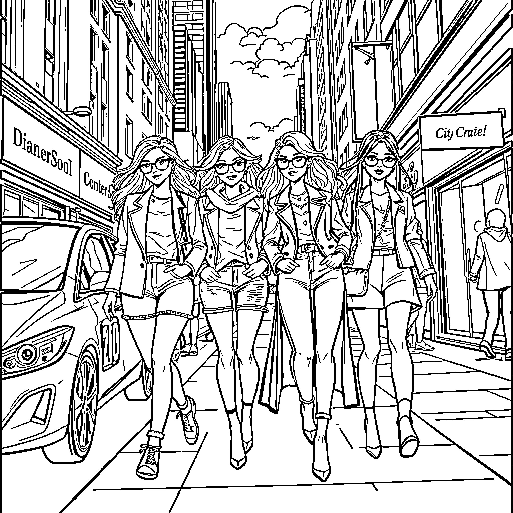 Girls Strolling Through the City Streets Coloring Page (free black-and-white line drawing printable PDF for all, from beginners to advanced learners, including children, teens, adults, and seniors)