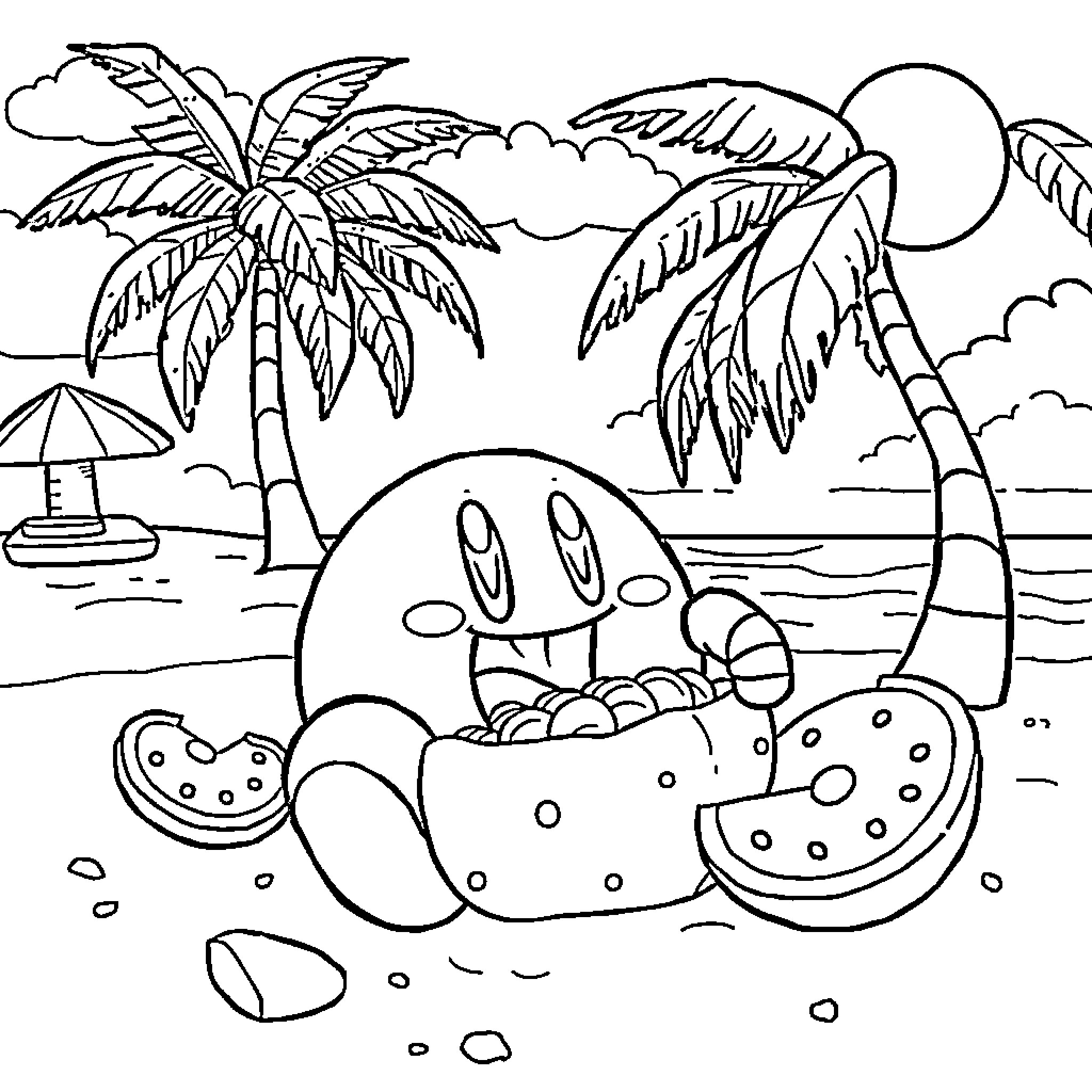 Kirby relaxing on the tropical beach Coloring Page (free black-and-white line drawing printable PDF for all, from beginners to advanced learners, including children, teens, adults, and seniors)
