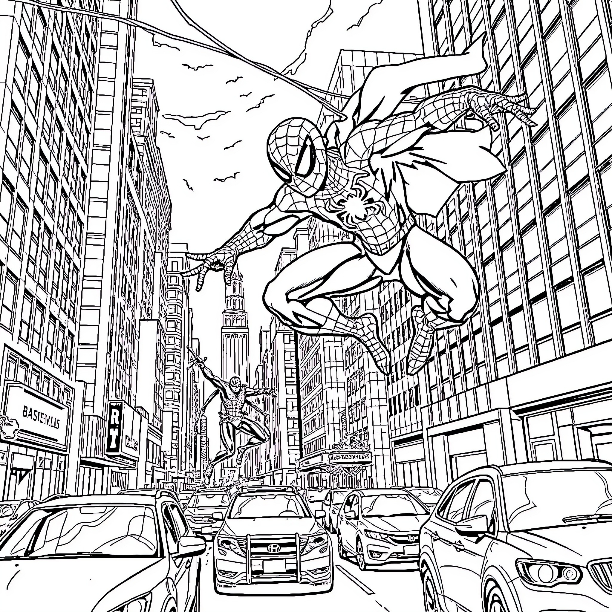 Spider-Man swinging through the city streets Coloring Page (free black-and-white line drawing printable PDF for all, from beginners to advanced learners, including children, teens, adults, and seniors)