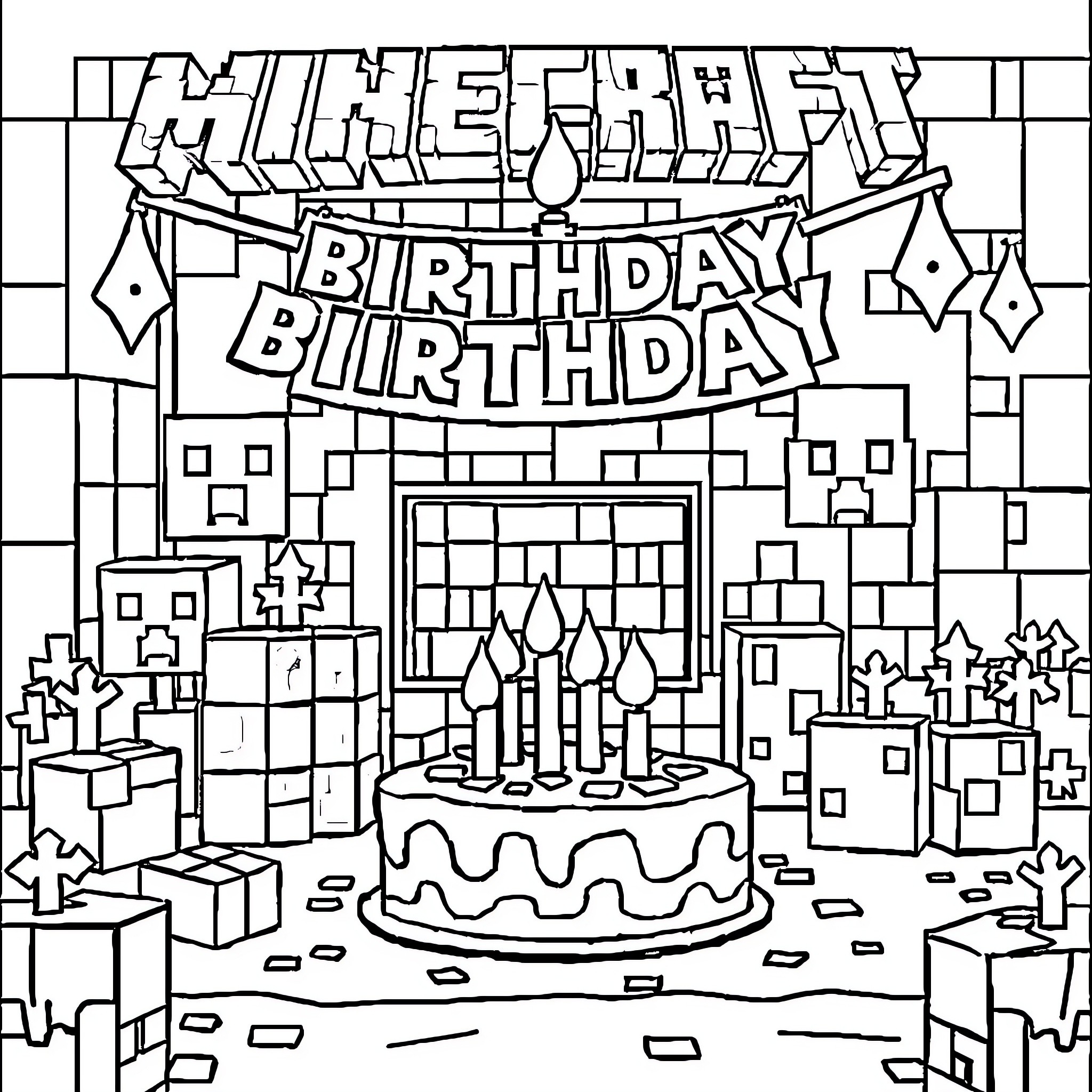 Minecraft Birthday Party Celebration Coloring Page (free black-and-white line drawing printable PDF for all, from beginners to advanced learners, including children, teens, adults, and seniors)