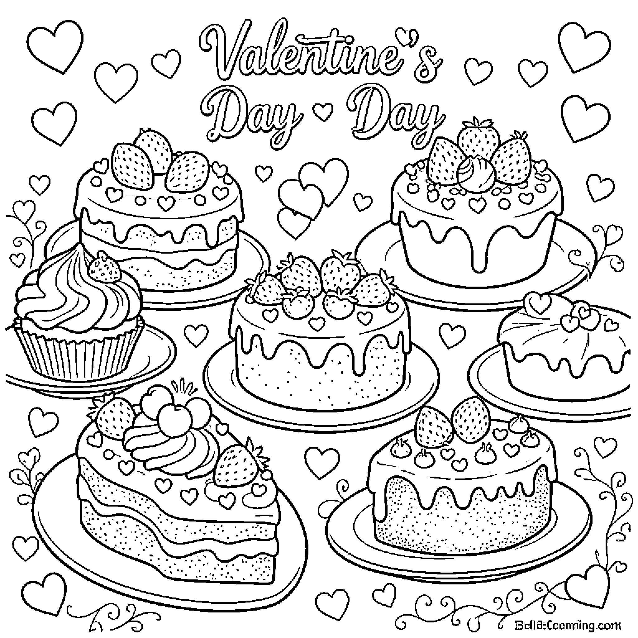 Dessert Delight: Scrumptious Cakes and Sweets for Valentine's Day Coloring Page (free black-and-white line drawing printable PDF for all, from beginners to advanced learners, including children, teens, adults, and seniors)