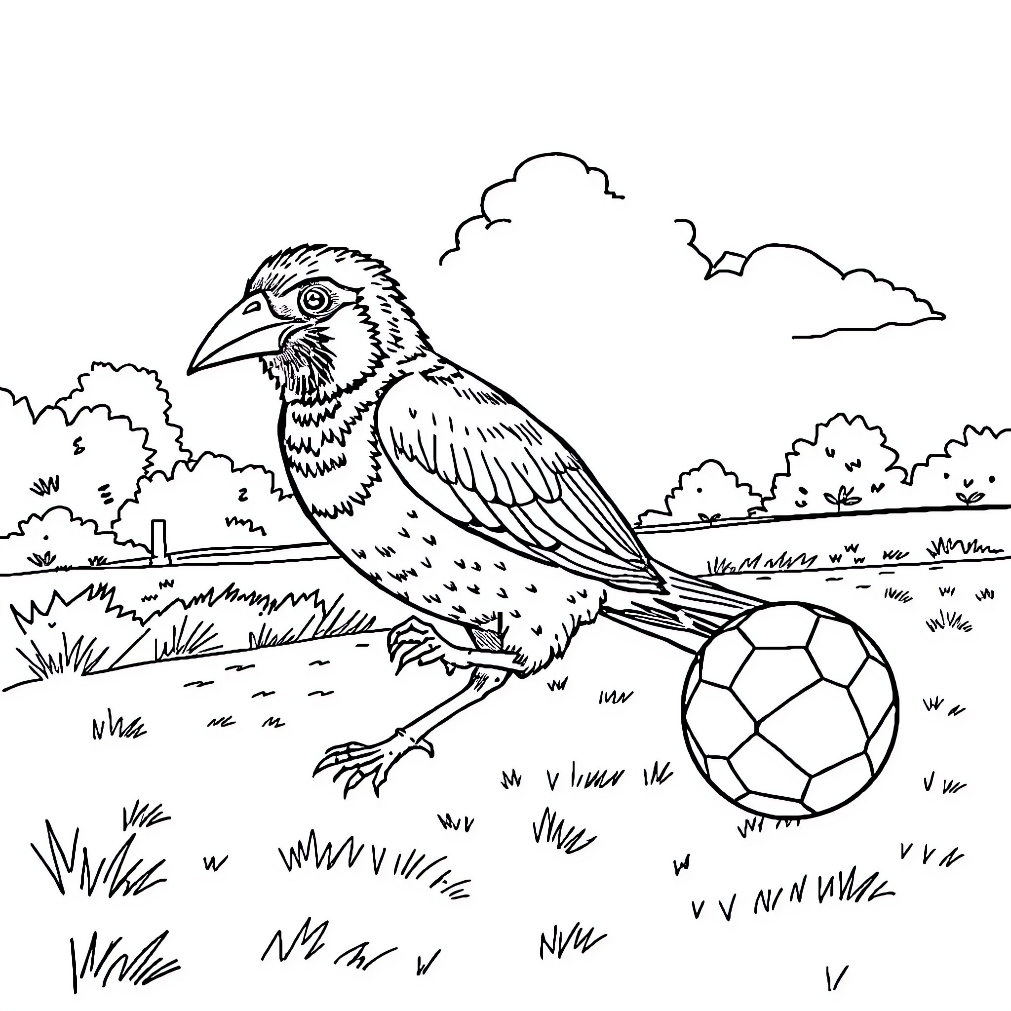 Bird playing joyfully with soccer ball in the park Coloring Page (free black-and-white line drawing printable PDF for all, from beginners to advanced learners, including children, teens, adults, and seniors)
