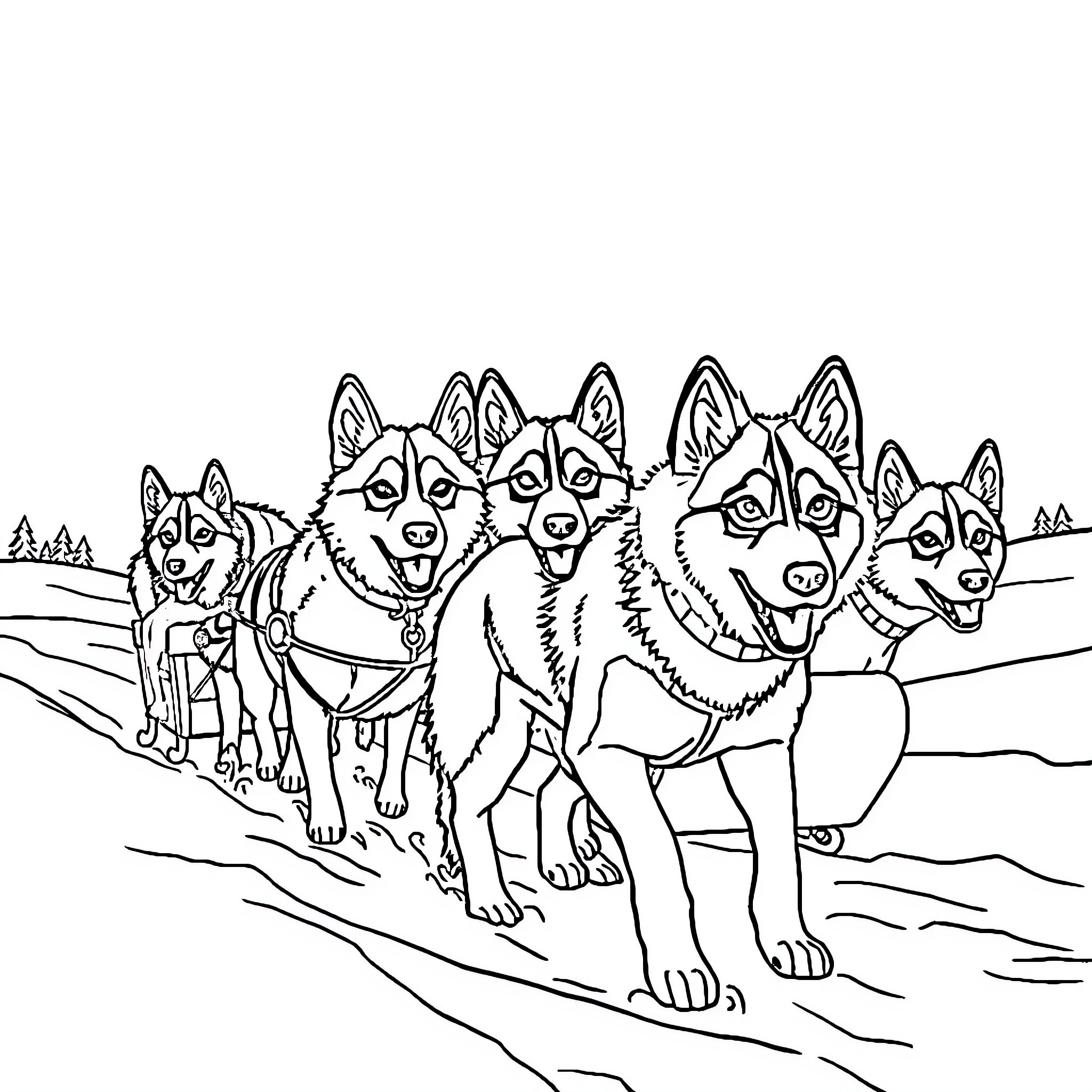 Husky pack running together in the wilderness Coloring Page (free black-and-white line drawing printable PDF for all, from beginners to advanced learners, including children, teens, adults, and seniors)