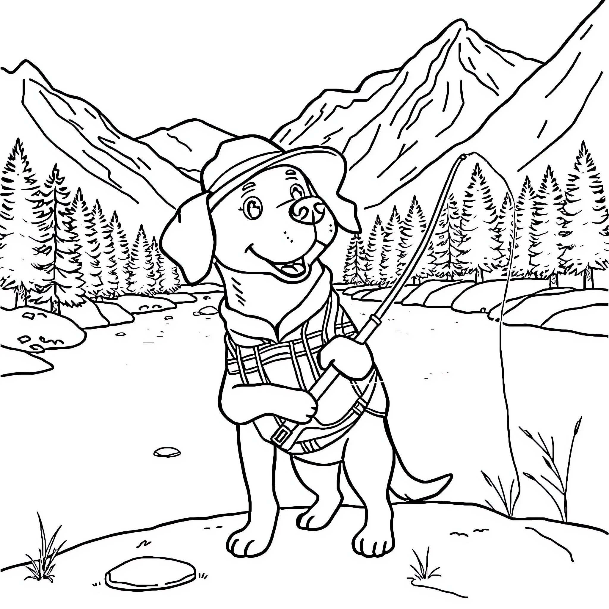Dog hiking through scenic mountain landscape Coloring Page (free black-and-white line drawing printable PDF for all, from beginners to advanced learners, including children, teens, adults, and seniors)