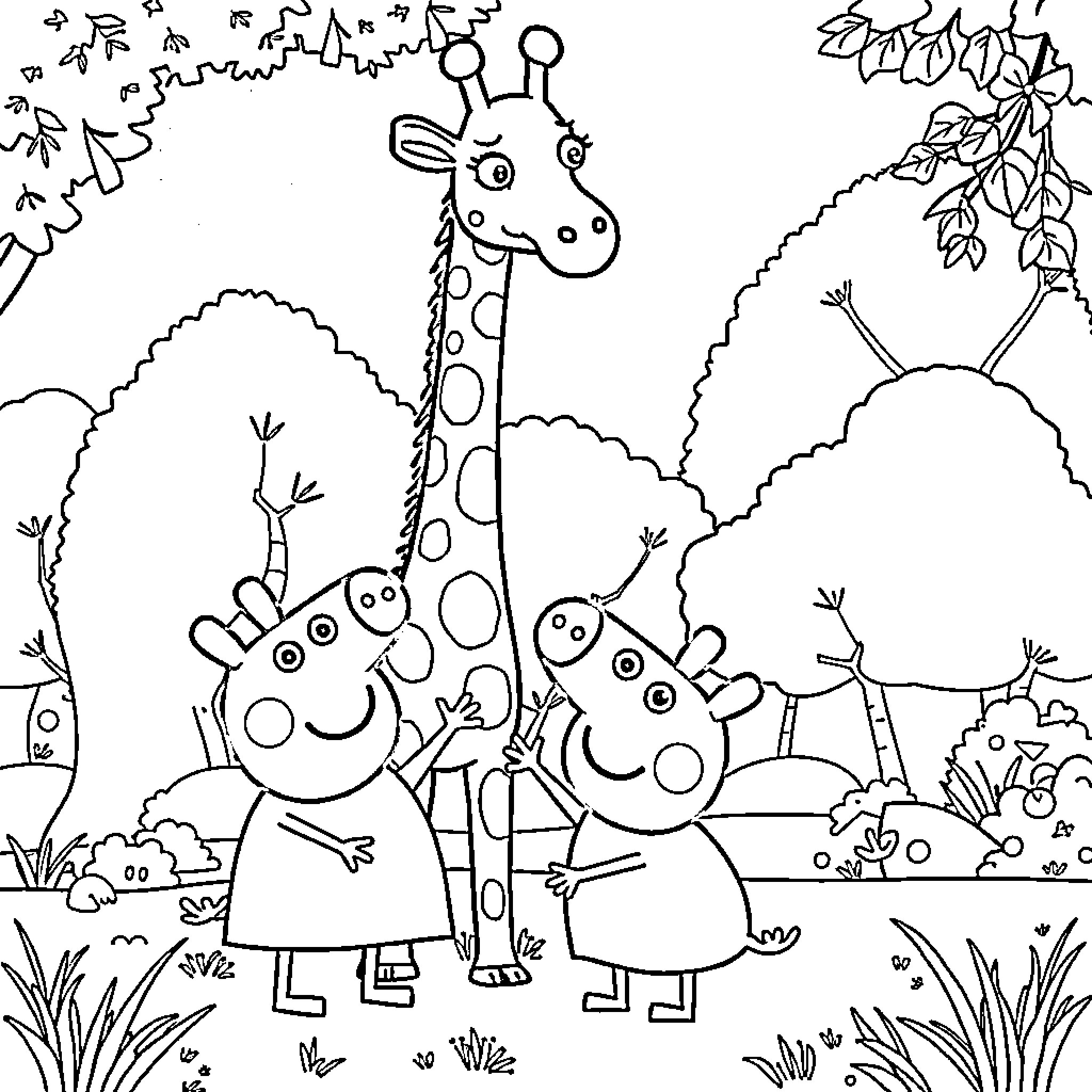 Peppa Pig and Friends Exploring Nature Coloring Page (free black-and-white line drawing printable PDF for all, from beginners to advanced learners, including children, teens, adults, and seniors)