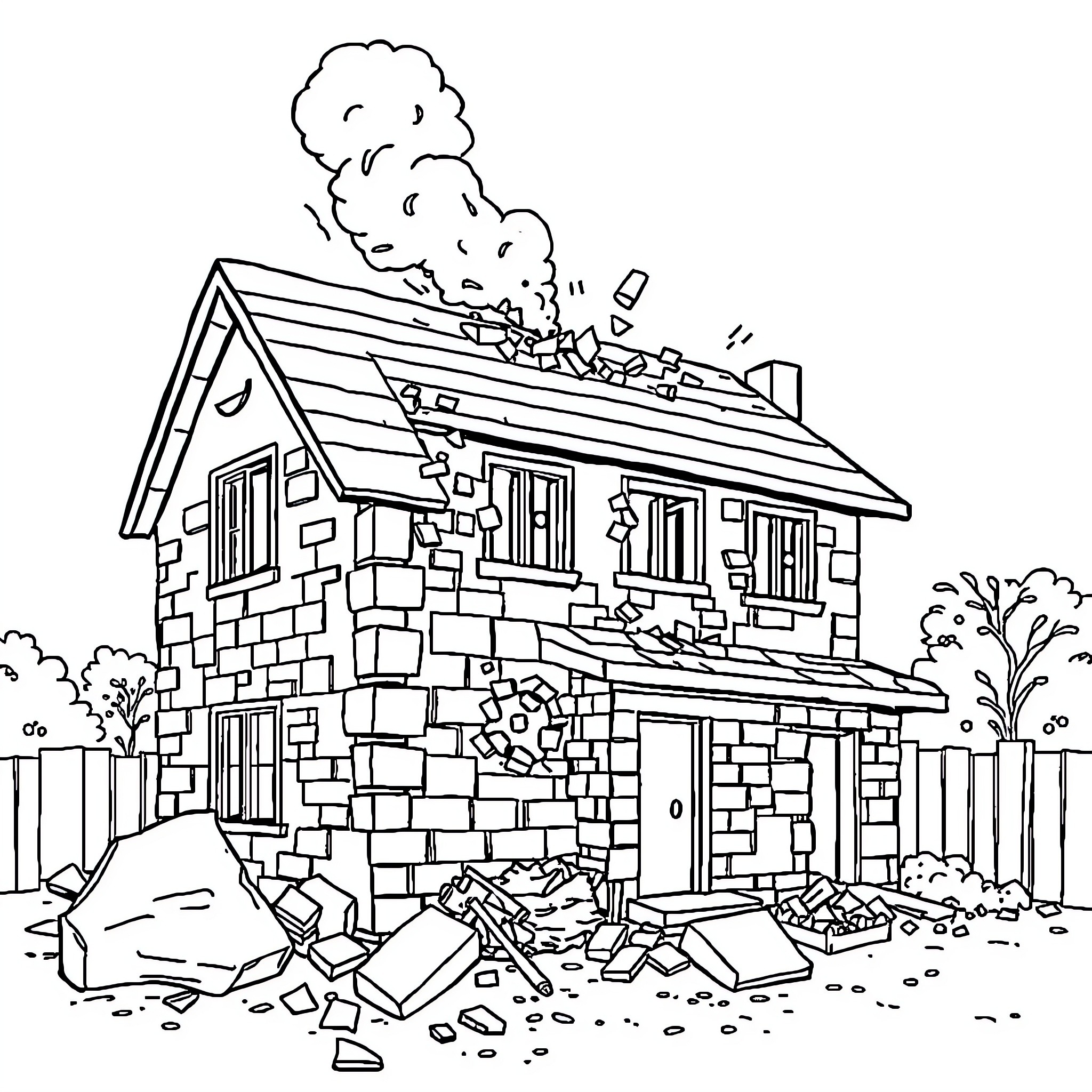 House in ruins with debris and smoke Coloring Page (free black-and-white line drawing printable PDF for all, from beginners to advanced learners, including children, teens, adults, and seniors)