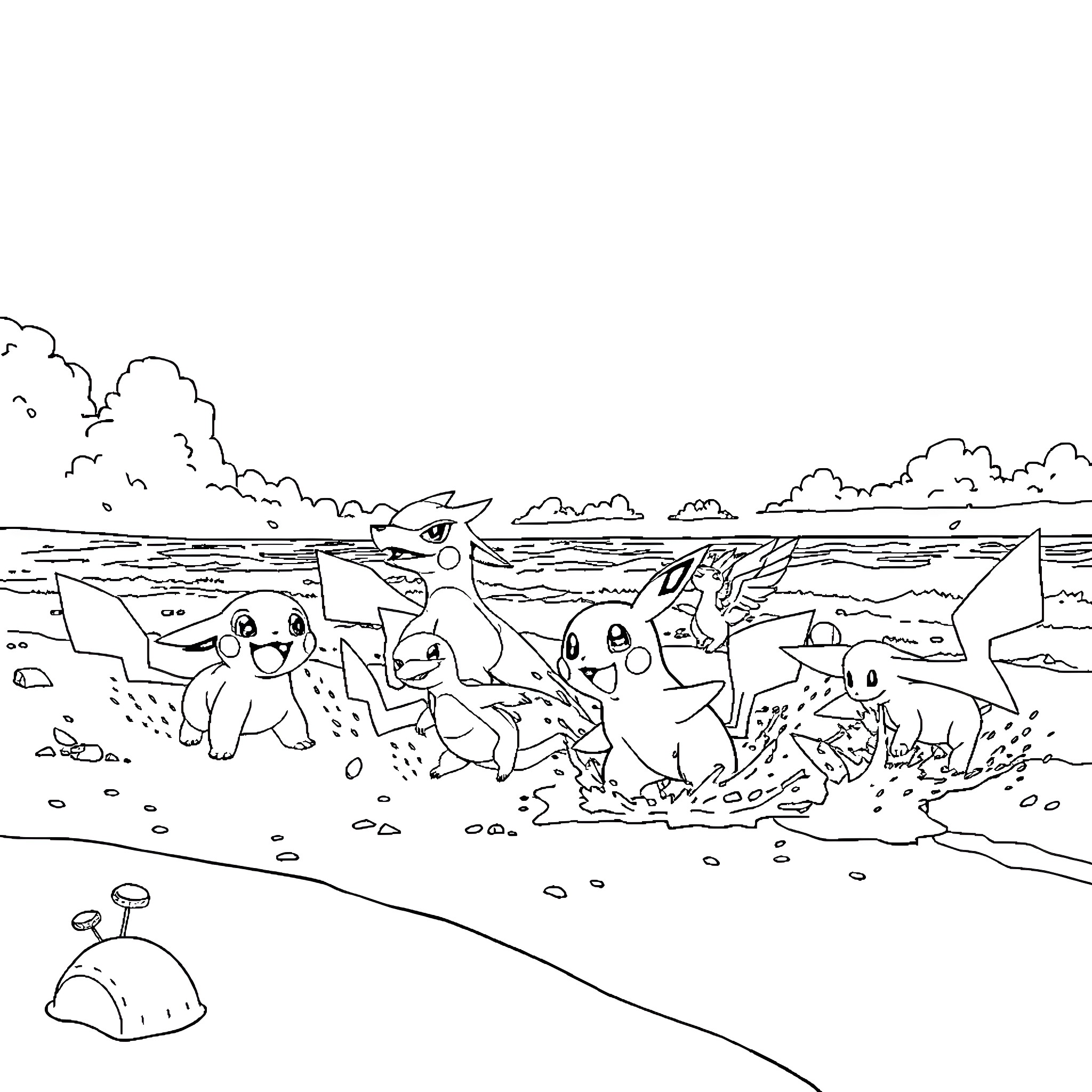 Pokémon characters playing on the beach Coloring Page (free black-and-white line drawing printable PDF for all, from beginners to advanced learners, including children, teens, adults, and seniors)
