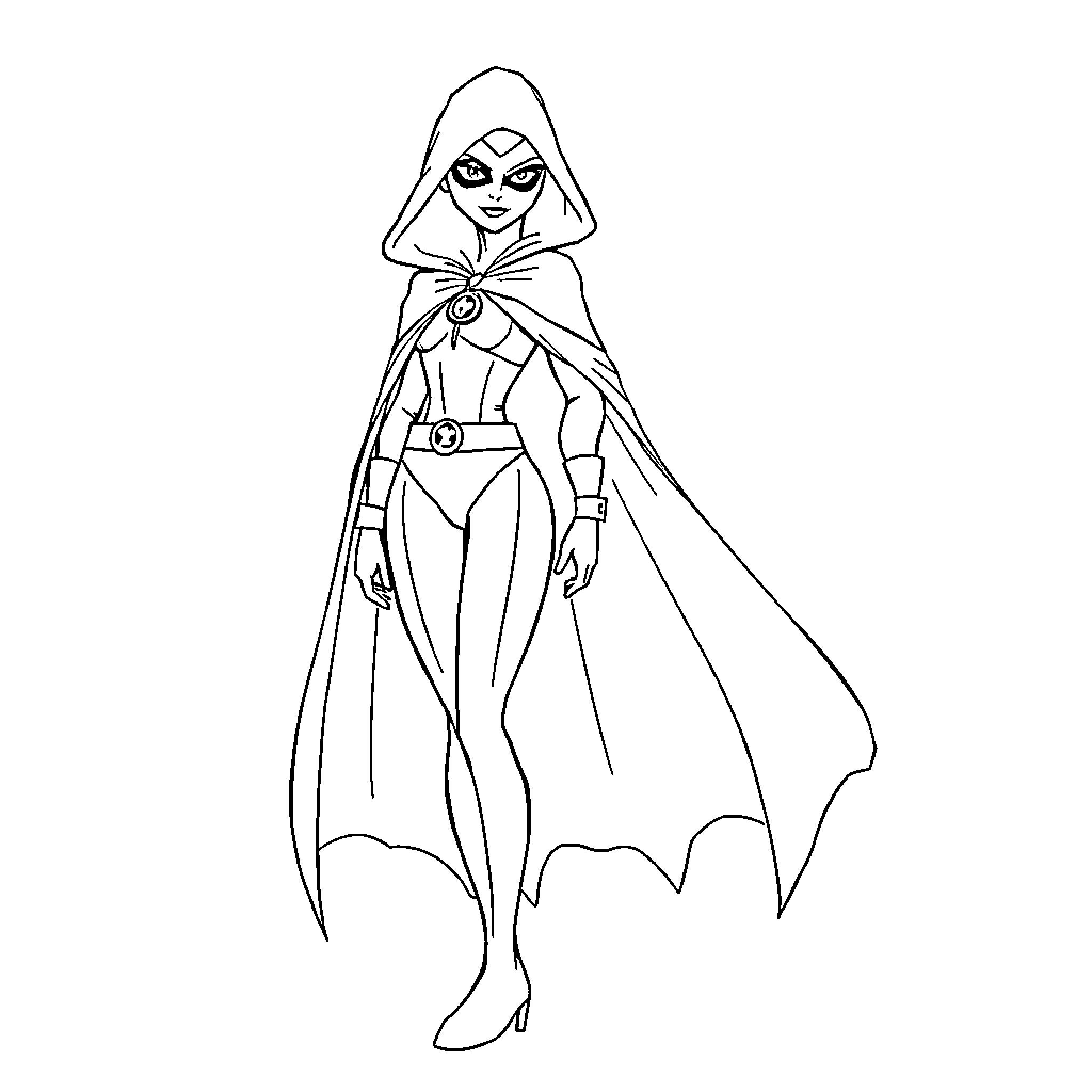 Raven heroine in heroic pose Coloring Page (free black-and-white line drawing printable PDF for all, from beginners to advanced learners, including children, teens, adults, and seniors)