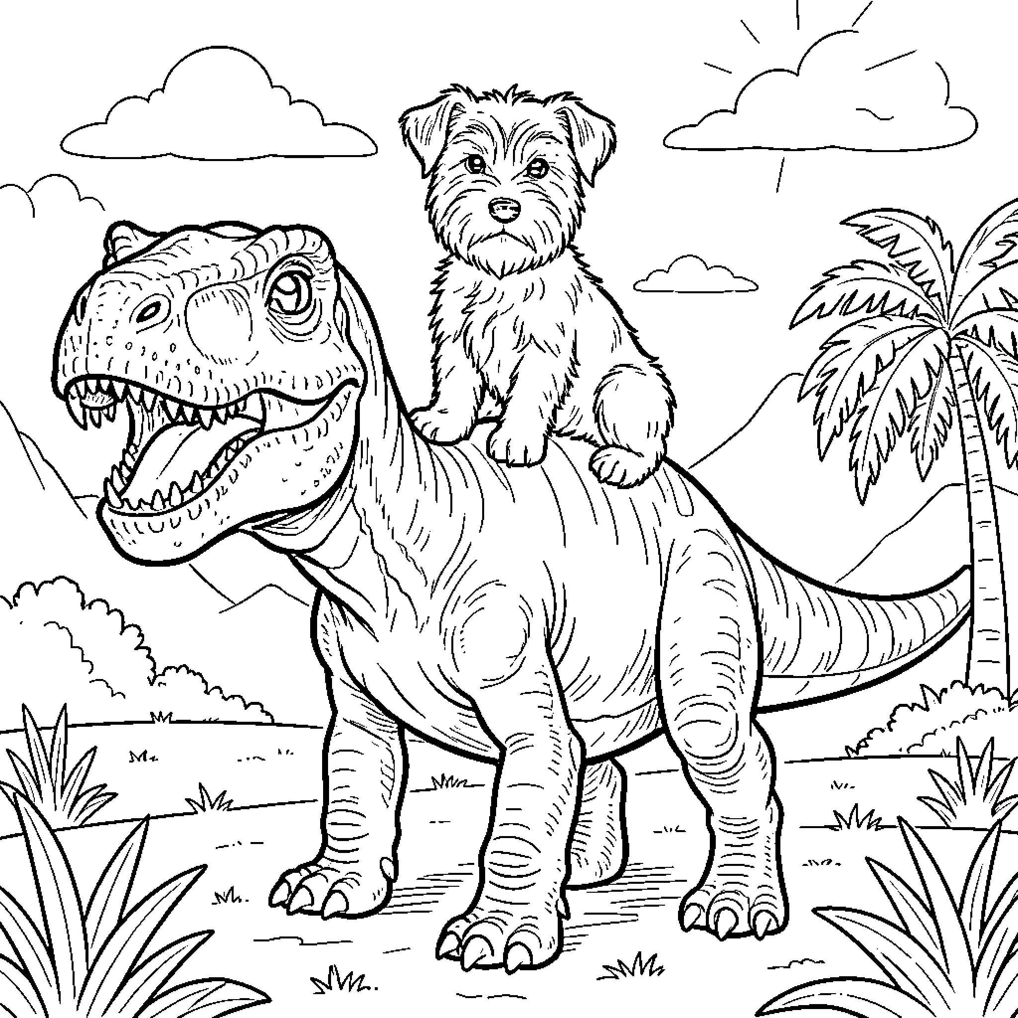 Staffordshire Terrier sitting on a dinosaur in nature Coloring Page (free black-and-white line drawing printable PDF for all, from beginners to advanced learners, including children, teens, adults, and seniors)