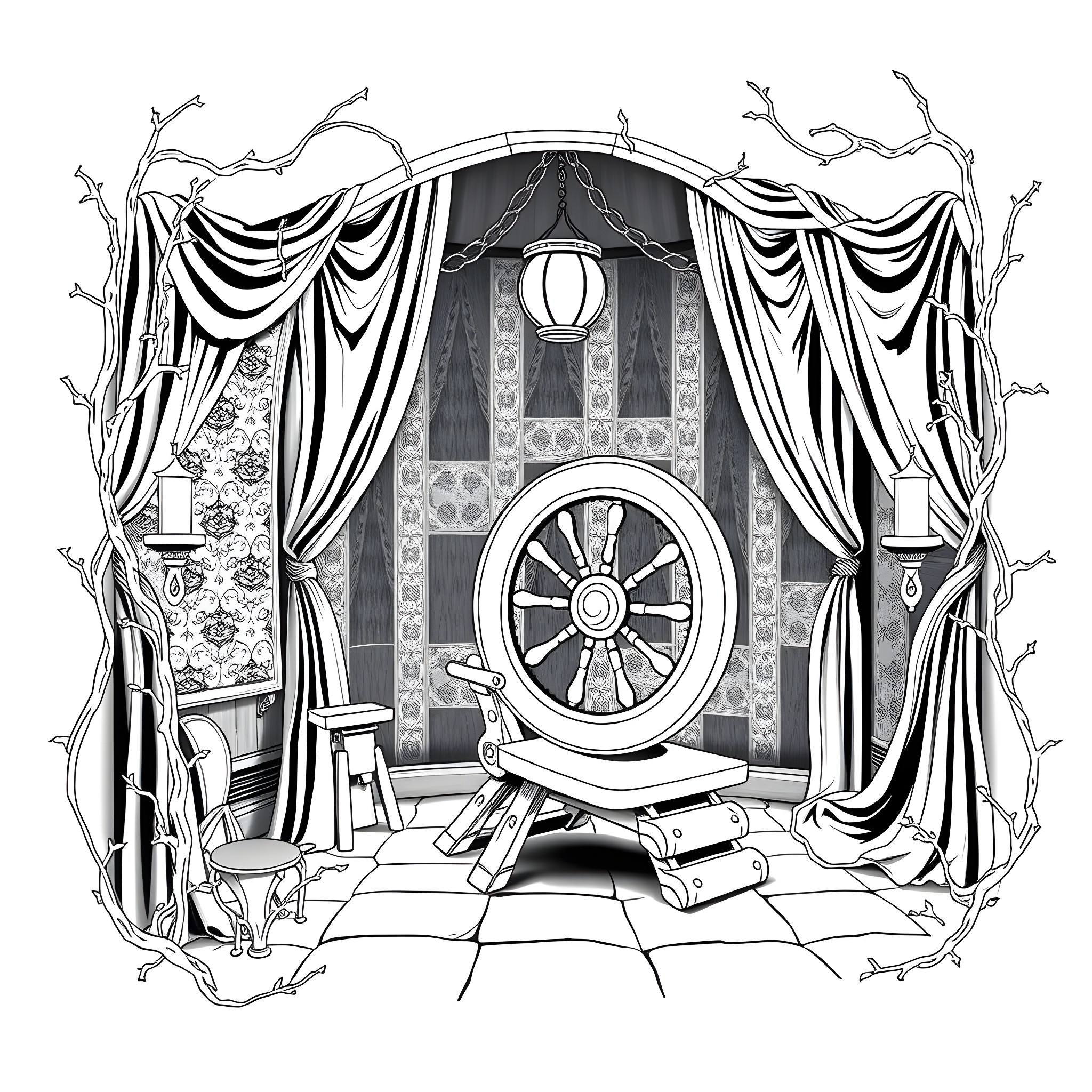 Sleeping Beauty's Enchanted Chamber Coloring Page (free black-and-white line drawing printable PDF for all, from beginners to advanced learners, including children, teens, adults, and seniors)