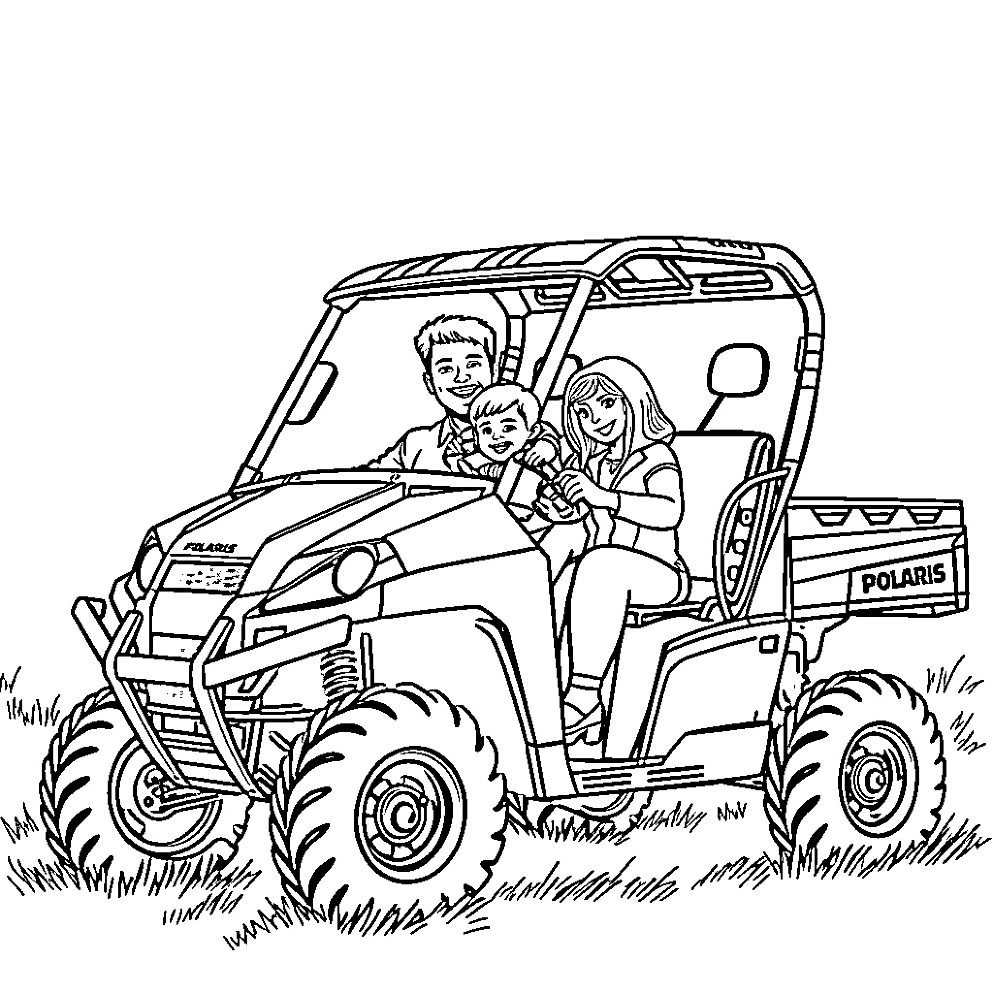 Polaris Ranger family enjoying outdoor adventure Coloring Page (free black-and-white line drawing printable PDF for all, from beginners to advanced learners, including children, teens, adults, and seniors)