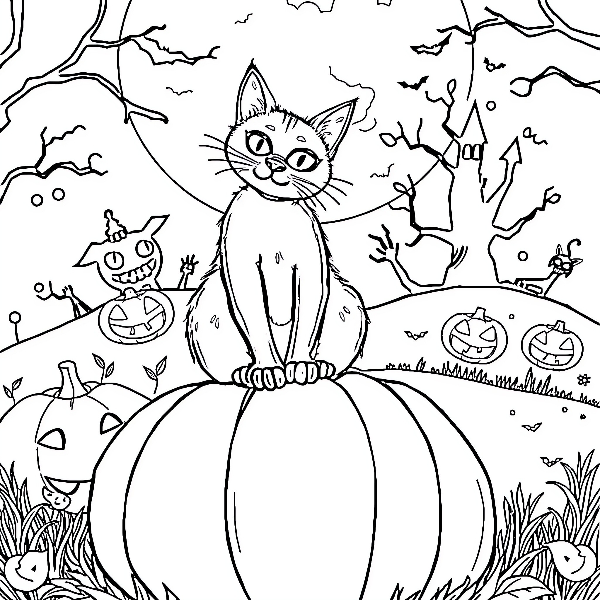 Cat on a Halloween pumpkin with spooky scene Coloring Page (free black-and-white line drawing printable PDF for all, from beginners to advanced learners, including children, teens, adults, and seniors)