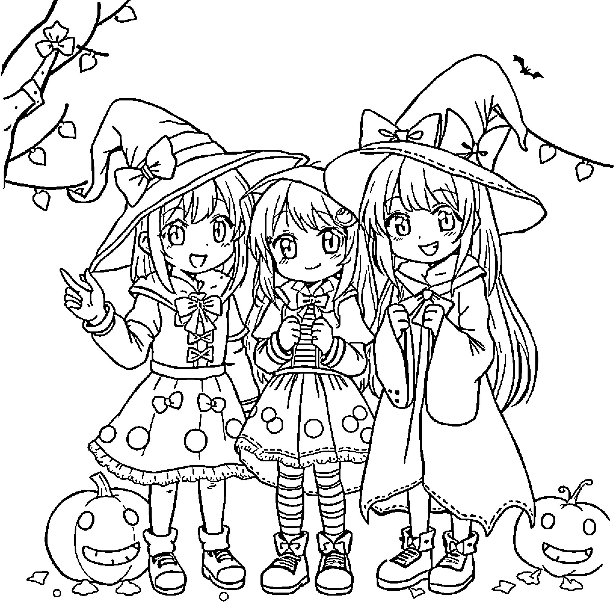 Anime Three Witches in Spooky Halloween Outfits Coloring Page (free black-and-white line drawing printable PDF for all, from beginners to advanced learners, including children, teens, adults, and seniors)