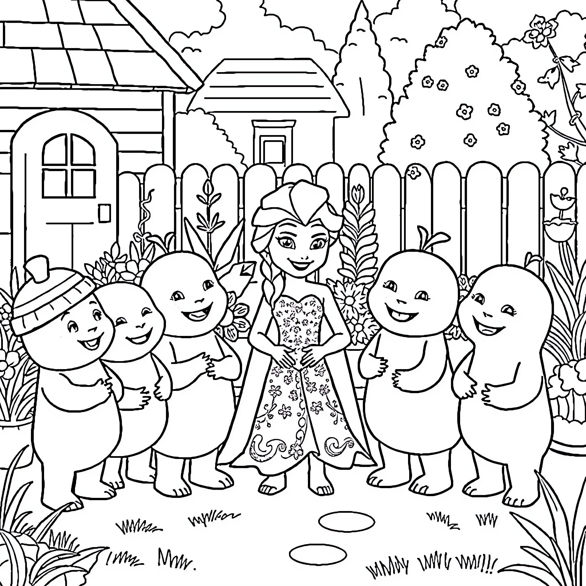 Elsa enjoying a day with friendly forest creatures Coloring Page (free black-and-white line drawing printable PDF for all, from beginners to advanced learners, including children, teens, adults, and seniors)