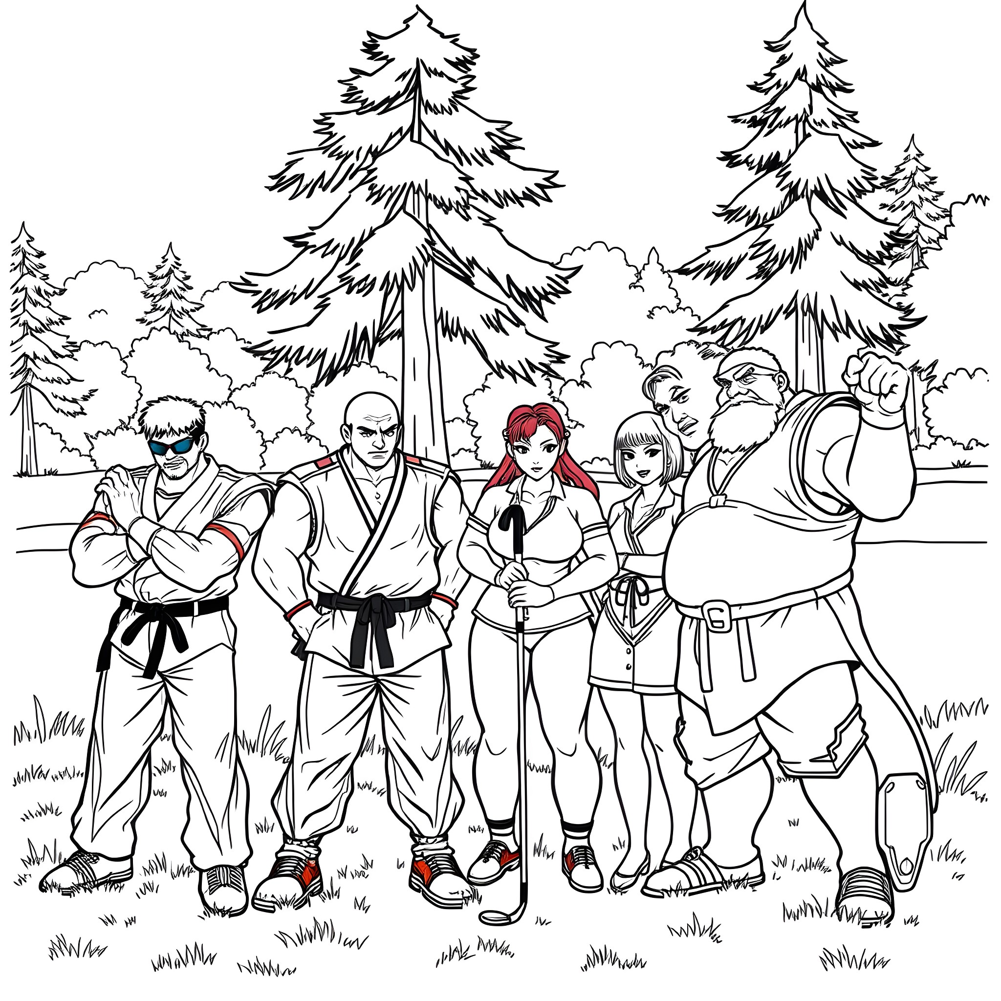 Street Fighter characters in a forest setting Coloring Page (free black-and-white line drawing printable PDF for all, from beginners to advanced learners, including children, teens, adults, and seniors)