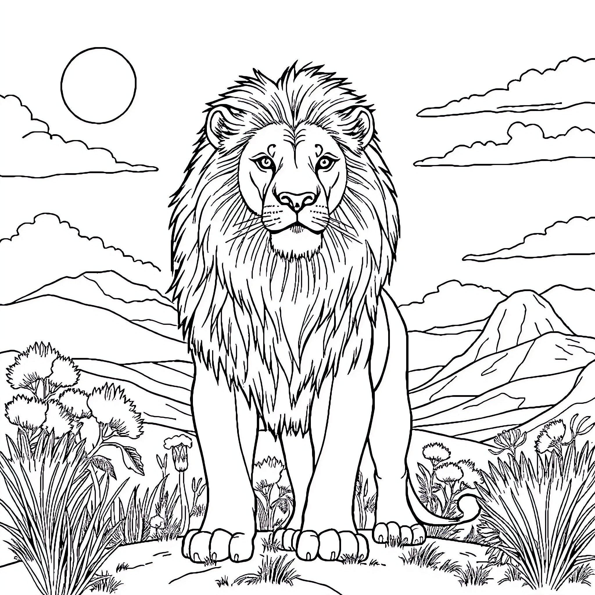 Lion standing proud in the wild landscape Coloring Page (free black-and-white line drawing printable PDF for all, from beginners to advanced learners, including children, teens, adults, and seniors)