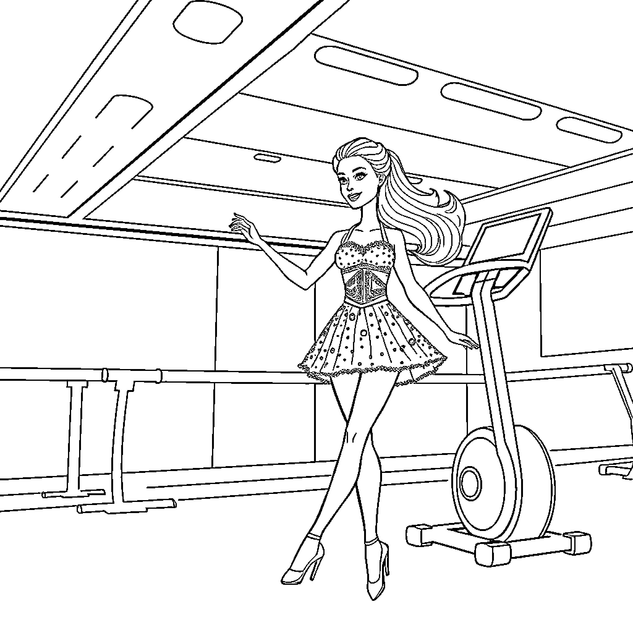 Barbie exercising in the gym Coloring Page (free black-and-white line drawing printable PDF for all, from beginners to advanced learners, including children, teens, adults, and seniors)