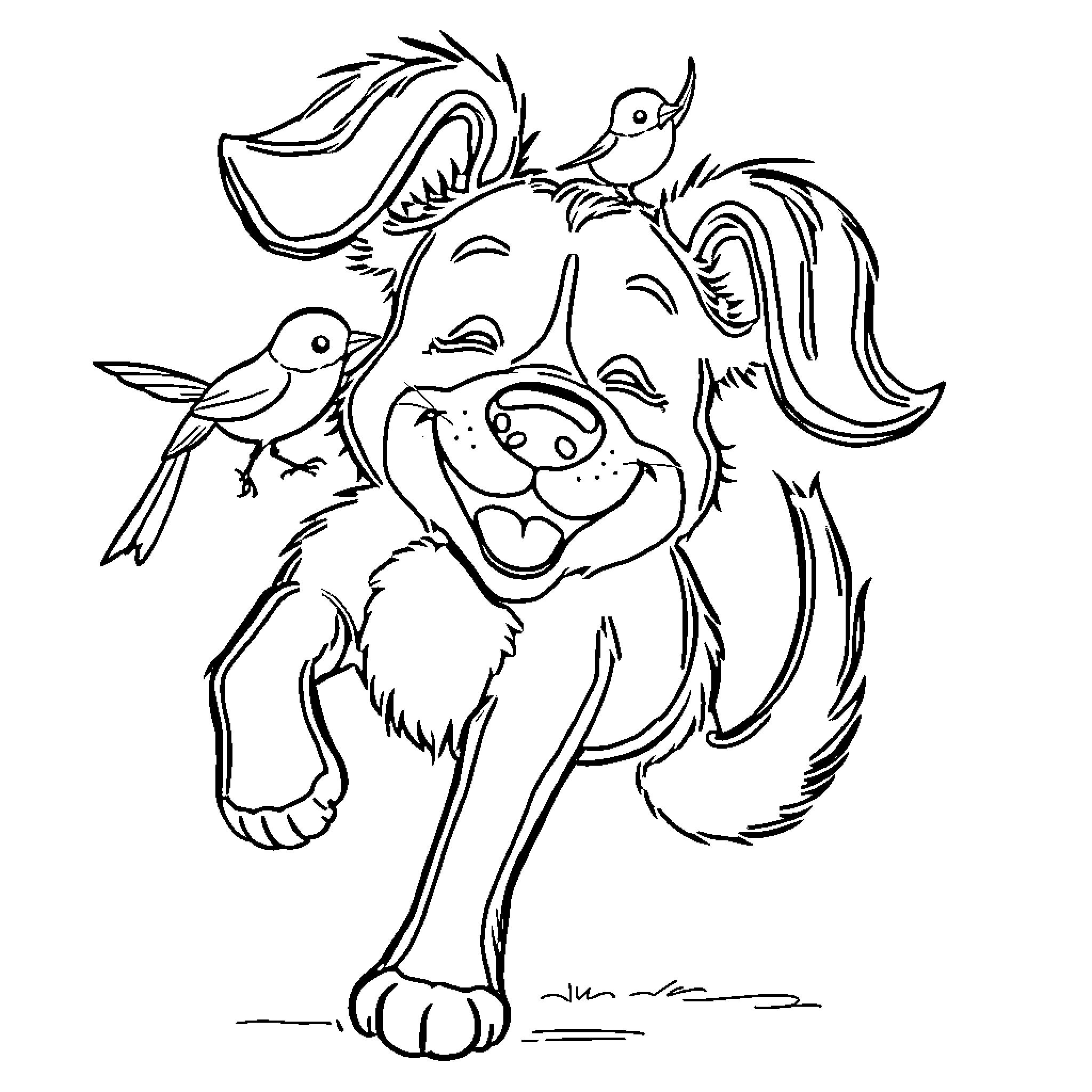 Dog playing happily with birds Coloring Page (free black-and-white line drawing printable PDF for all, from beginners to advanced learners, including children, teens, adults, and seniors)