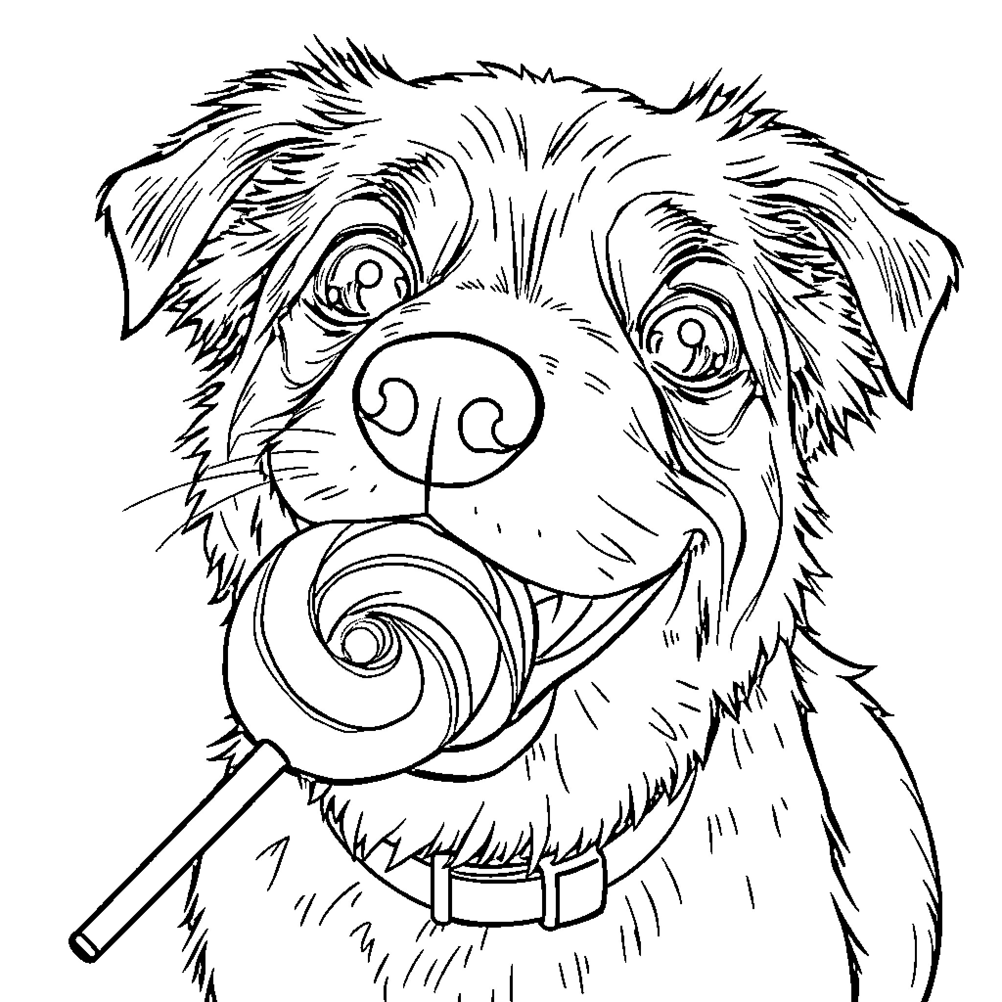 Dog with Lollipop in Playful Pose Coloring Page (free black-and-white line drawing printable PDF for all, from beginners to advanced learners, including children, teens, adults, and seniors)