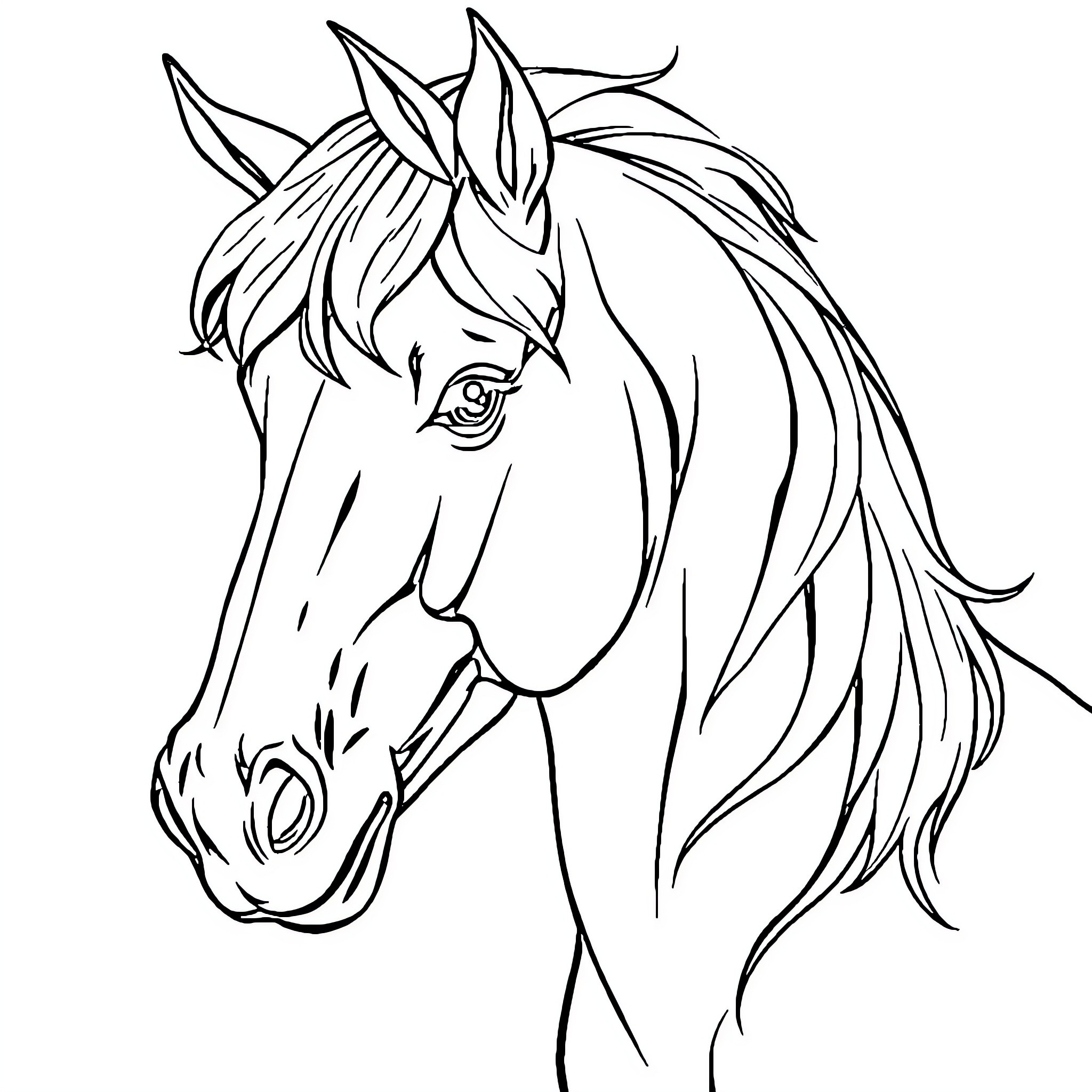 Horse with flowing mane in outline drawing Coloring Page (free black-and-white line drawing printable PDF for all, from beginners to advanced learners, including children, teens, adults, and seniors)