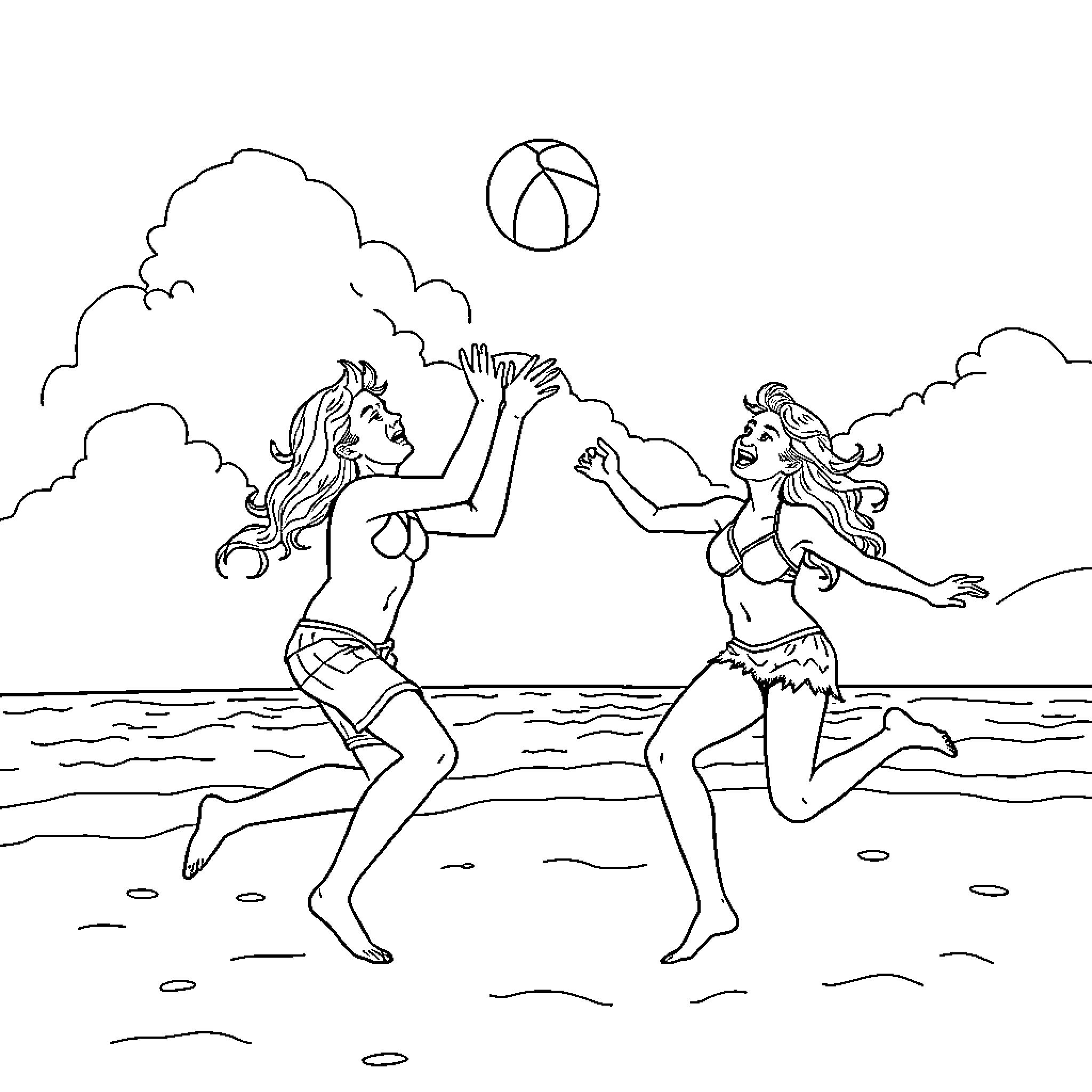 Stolas: Playful Beach Day with Friends Coloring Page (free black-and-white line drawing printable PDF for all, from beginners to advanced learners, including children, teens, adults, and seniors)