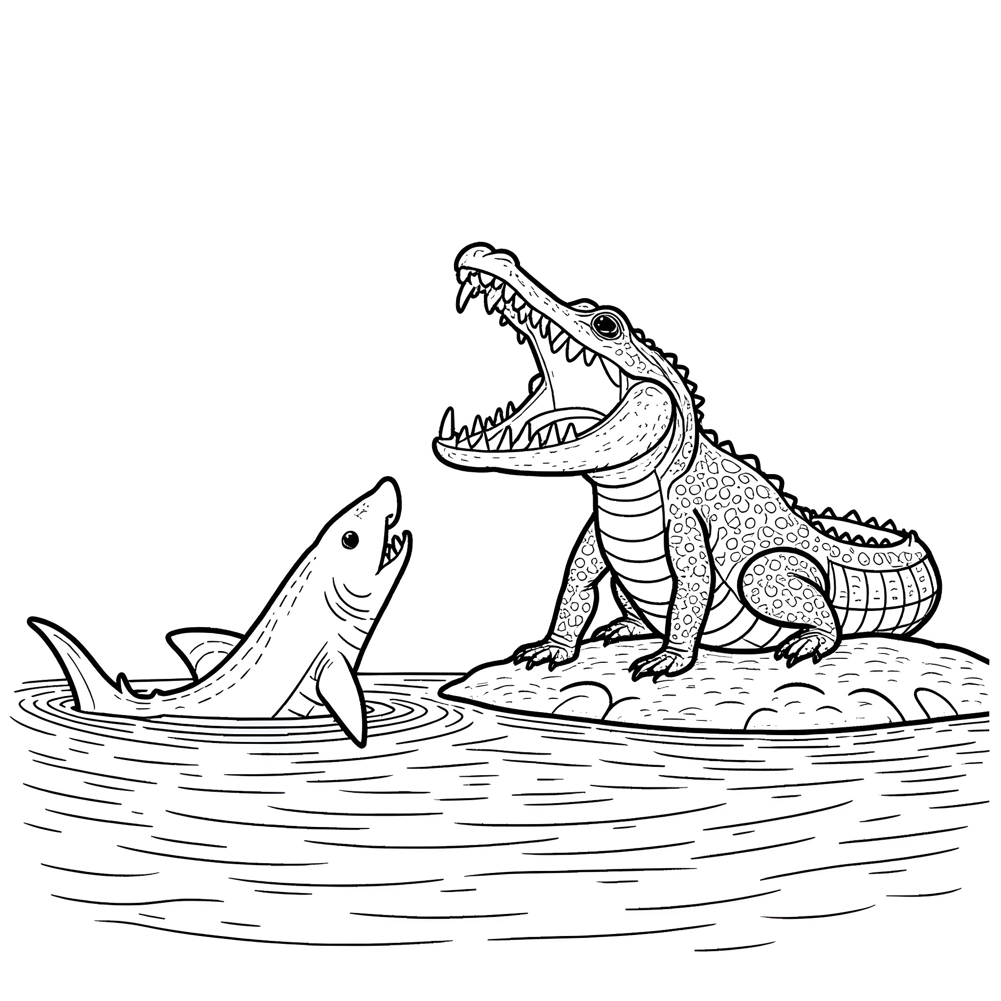 Crocodile confronting a shark in the water Coloring Page (free black-and-white line drawing printable PDF for all, from beginners to advanced learners, including children, teens, adults, and seniors)
