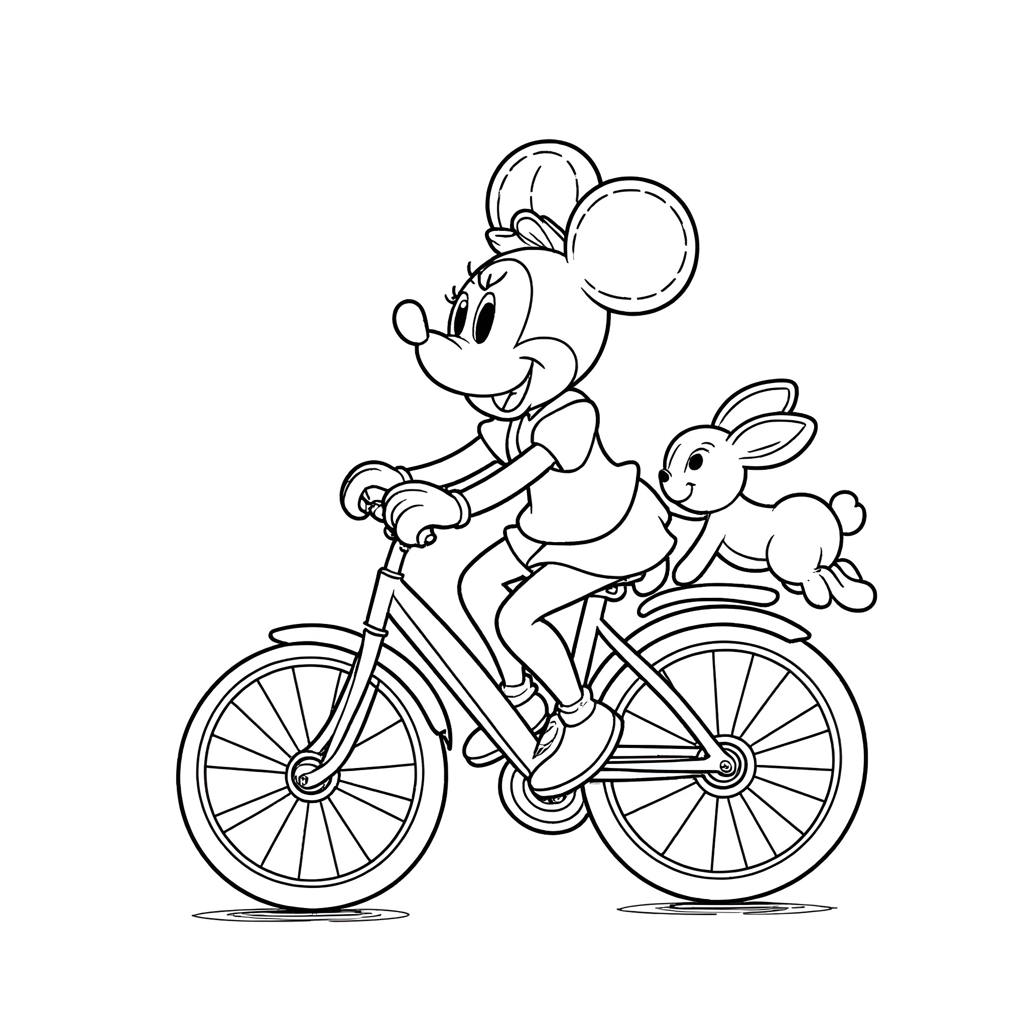 Minnie Mouse riding a bicycle with a bunny Coloring Page (free black-and-white line drawing printable PDF for all, from beginners to advanced learners, including children, teens, adults, and seniors)