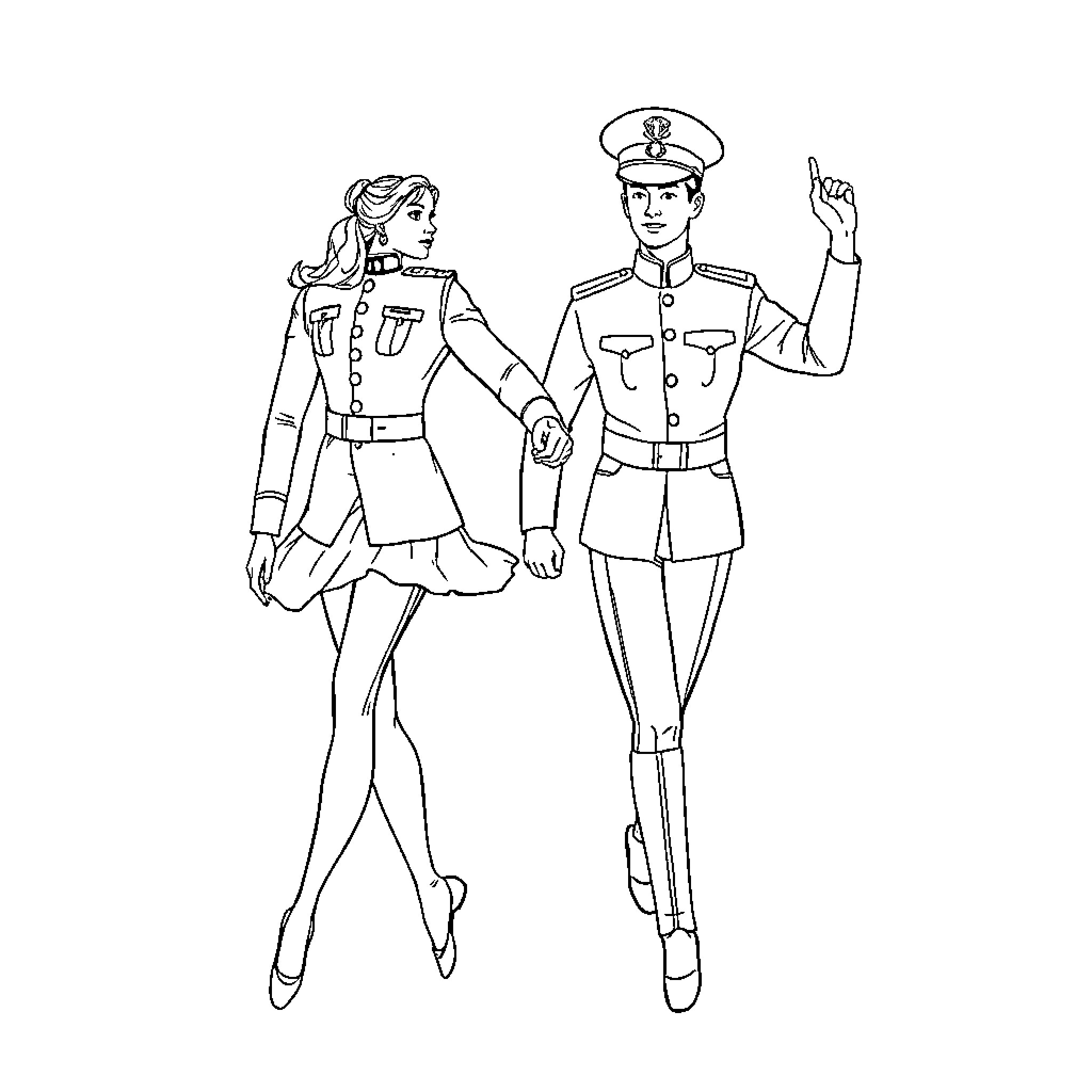 Bailarín couple in military-inspired outfits Coloring Page (free black-and-white line drawing printable PDF for all, from beginners to advanced learners, including children, teens, adults, and seniors)