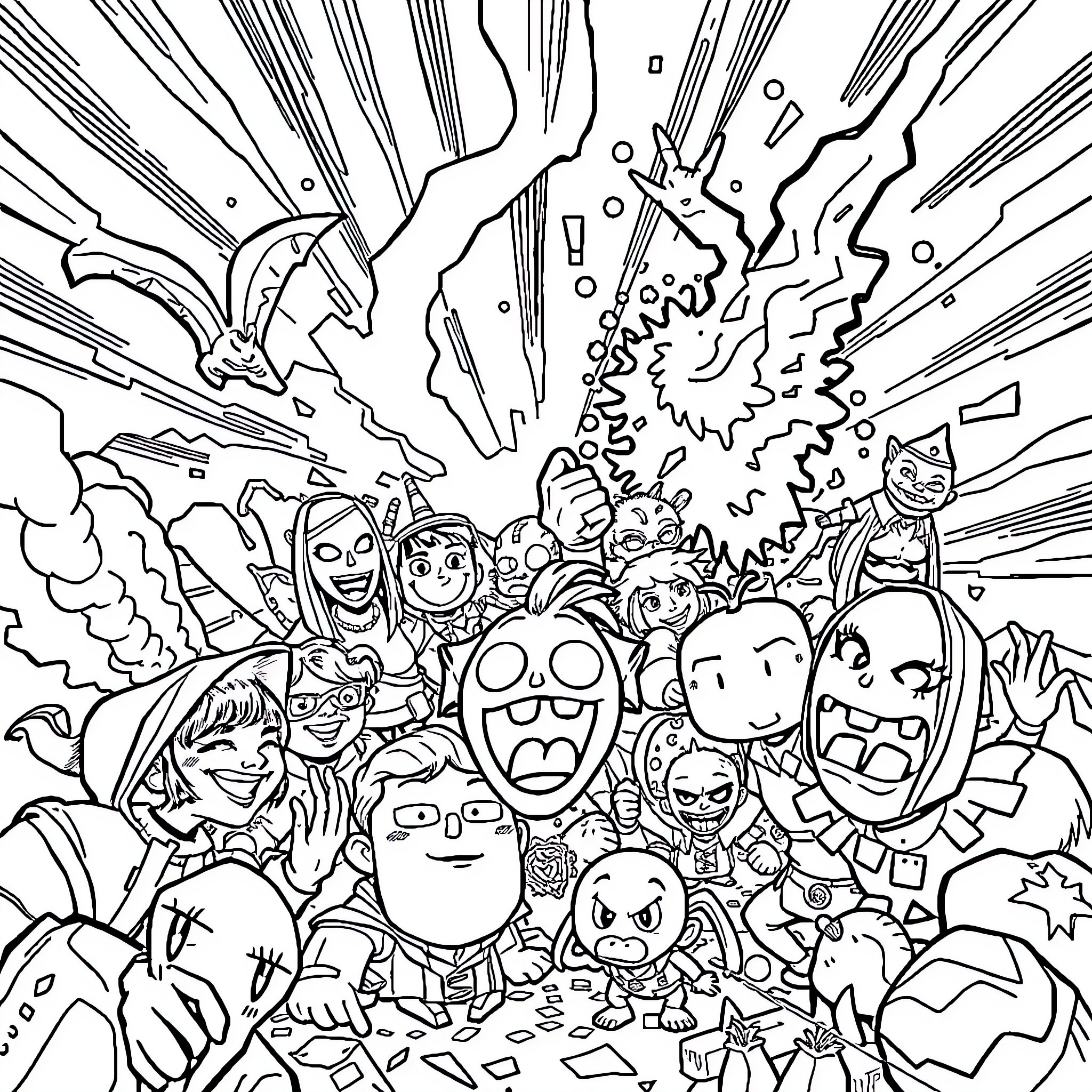 Comik Characters Exploding with Lively Chaos Coloring Page (free black-and-white line drawing printable PDF for all, from beginners to advanced learners, including children, teens, adults, and seniors)
