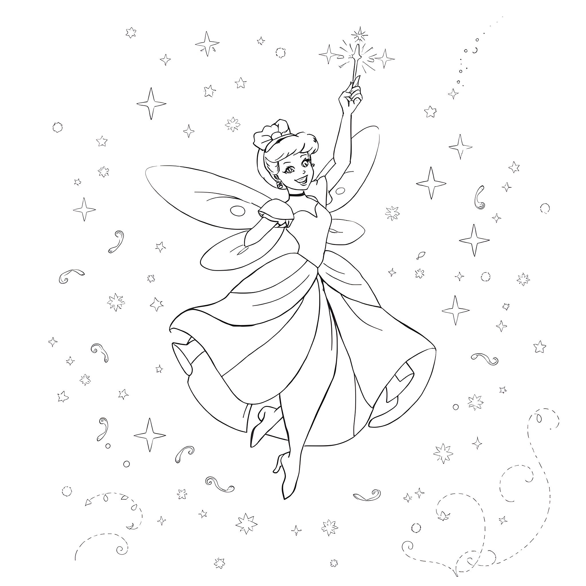 Fairy Godmother dancing among the stars Coloring Page (free black-and-white line drawing printable PDF for all, from beginners to advanced learners, including children, teens, adults, and seniors)
