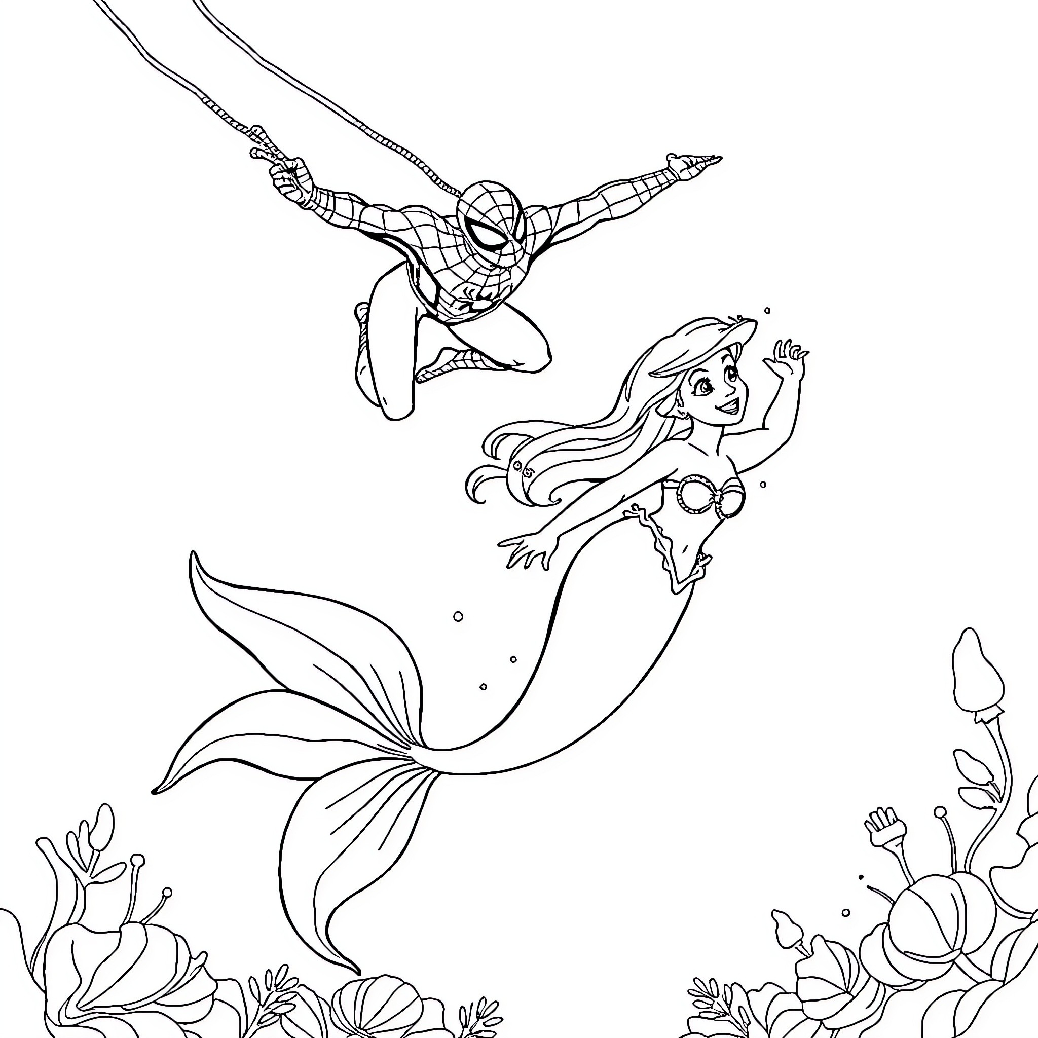 Mermaid and Superhero Underwater Adventure Coloring Page (free black-and-white line drawing printable PDF for all, from beginners to advanced learners, including children, teens, adults, and seniors)