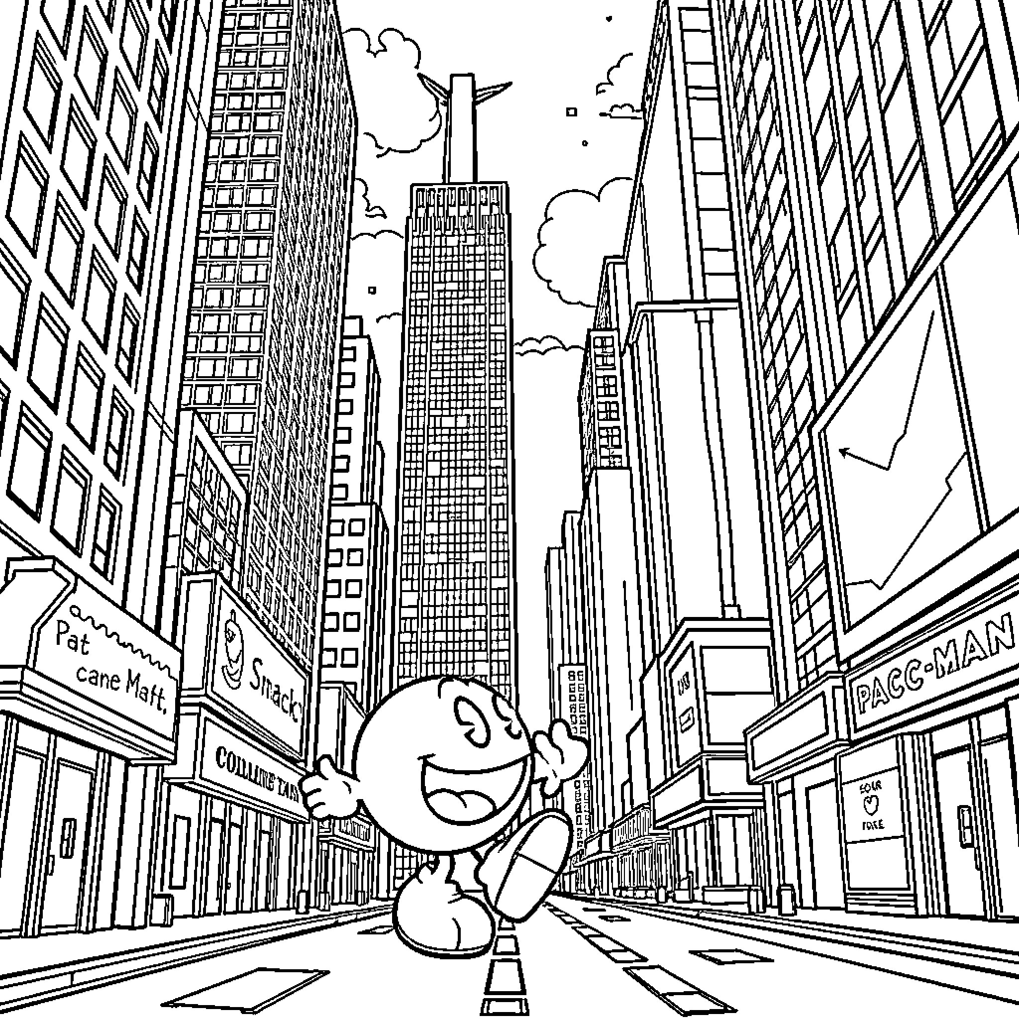 Pac-Man explores the bustling city streets Coloring Page (free black-and-white line drawing printable PDF for all, from beginners to advanced learners, including children, teens, adults, and seniors)