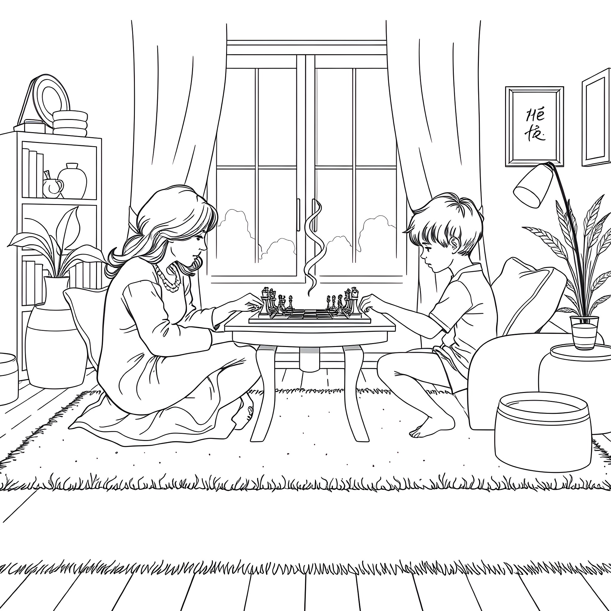 Chess Game Between Focused Players at Home Coloring Page (free black-and-white line drawing printable PDF for all, from beginners to advanced learners, including children, teens, adults, and seniors)
