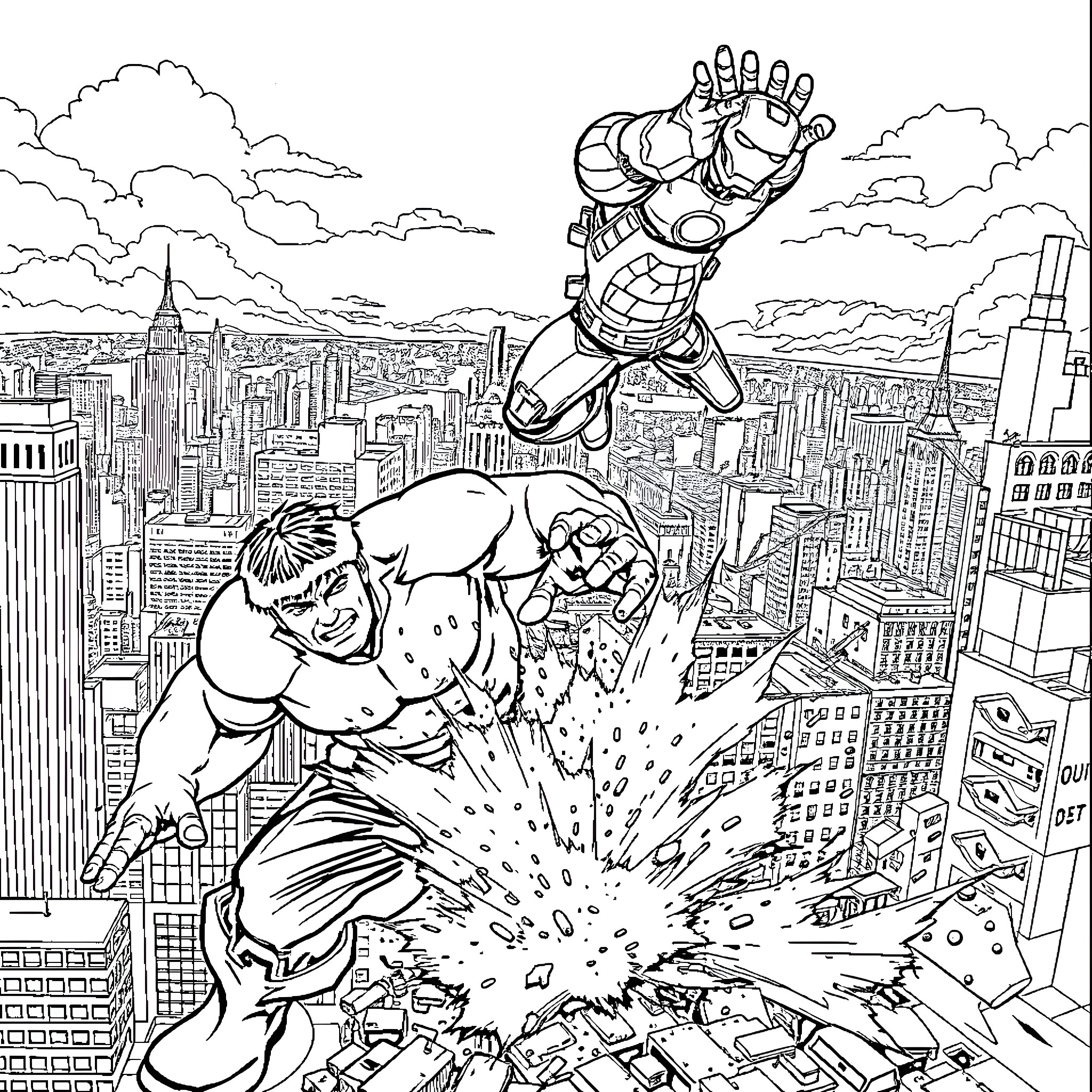 Iron Man takes flight over the city Coloring Page (free black-and-white line drawing printable PDF for all, from beginners to advanced learners, including children, teens, adults, and seniors)