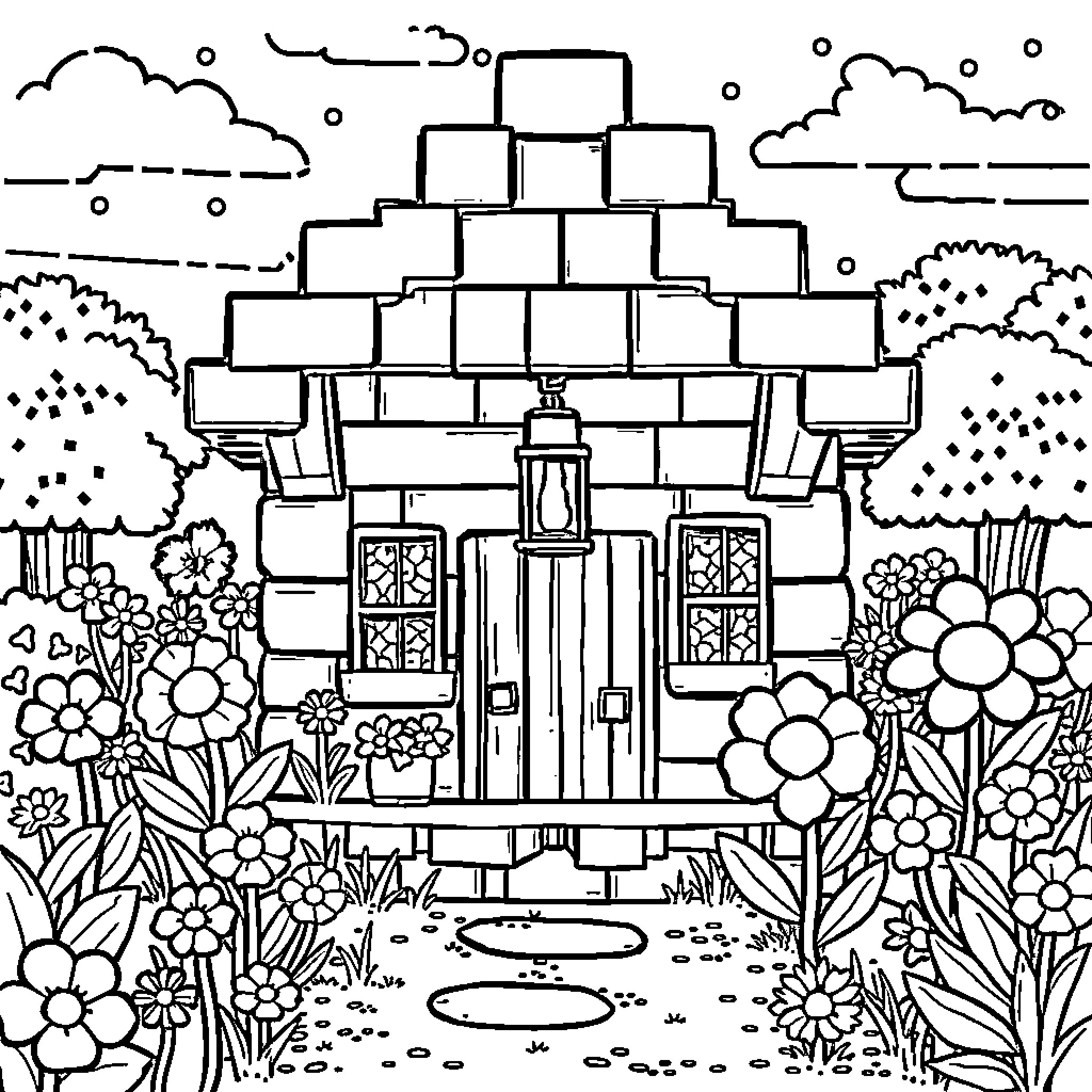 Minecraft House with Intricate Architectural Details Coloring Page (free black-and-white line drawing printable PDF for all, from beginners to advanced learners, including children, teens, adults, and seniors)