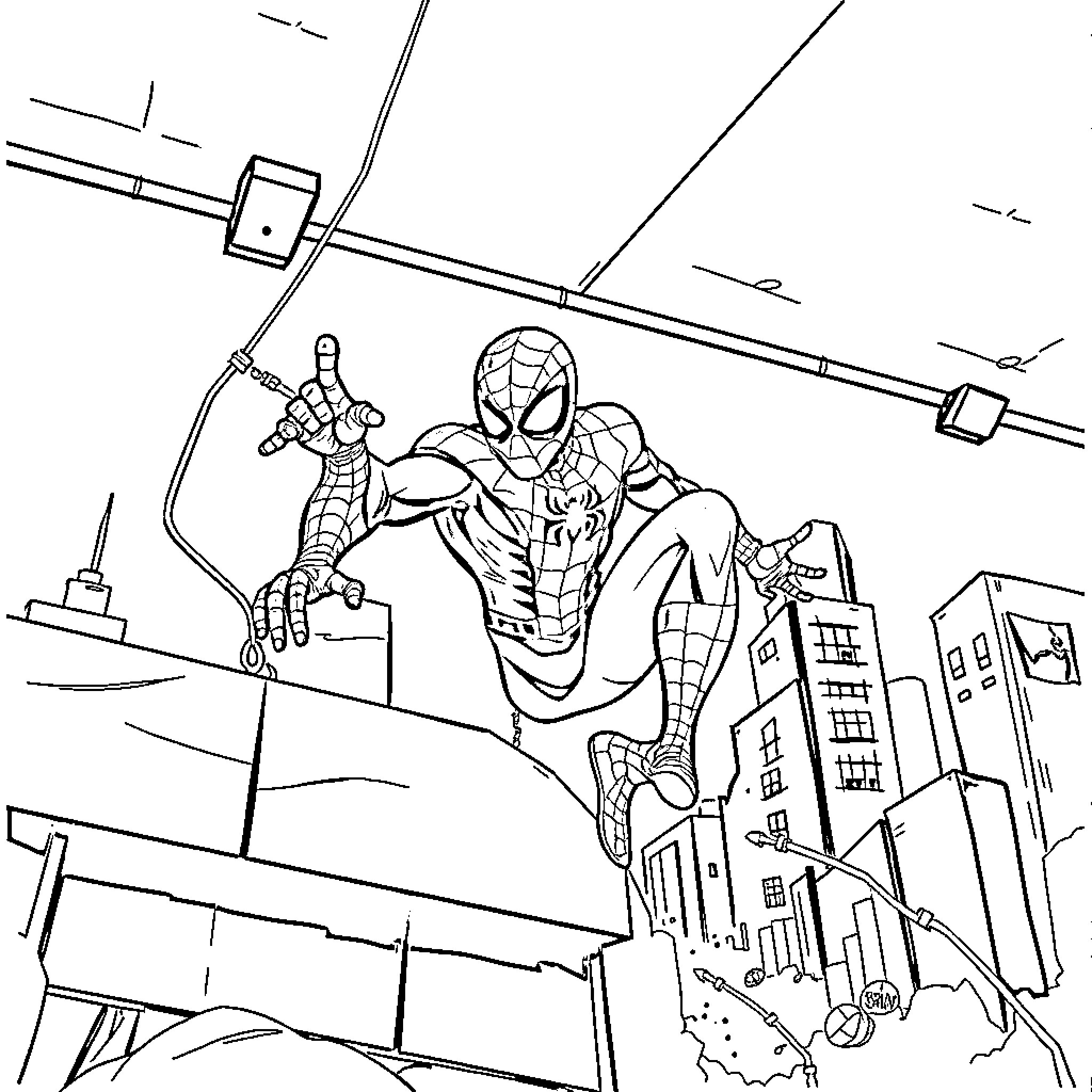 Spiderman swinging through the city skyline Coloring Page (free black-and-white line drawing printable PDF for all, from beginners to advanced learners, including children, teens, adults, and seniors)