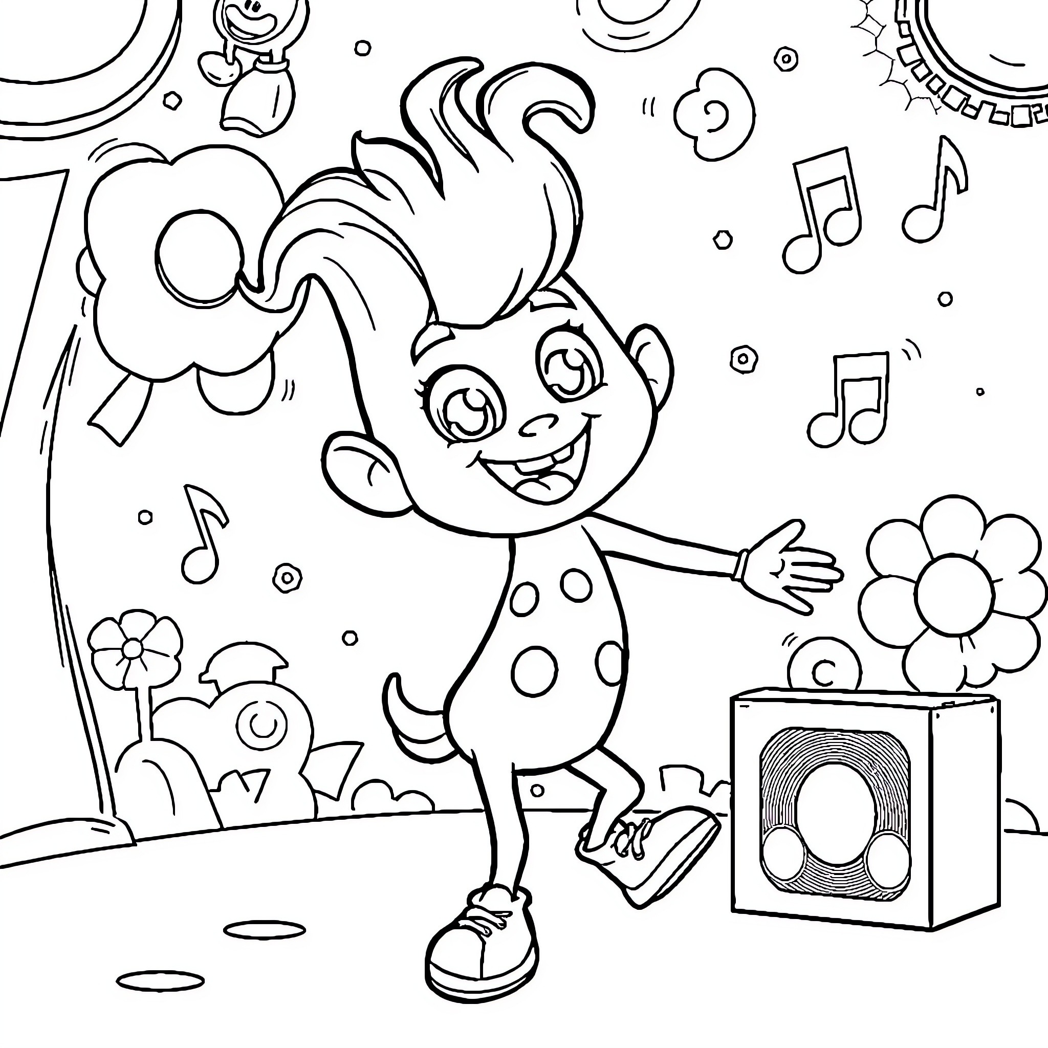 Sprunki dancing happily with music and flowers Coloring Page (free black-and-white line drawing printable PDF for all, from beginners to advanced learners, including children, teens, adults, and seniors)