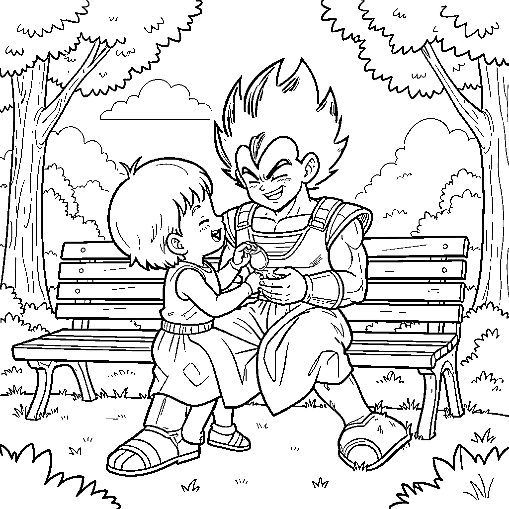 Vegeta smiling while playing with a young child Coloring Page (free black-and-white line drawing printable PDF for all, from beginners to advanced learners, including children, teens, adults, and seniors)