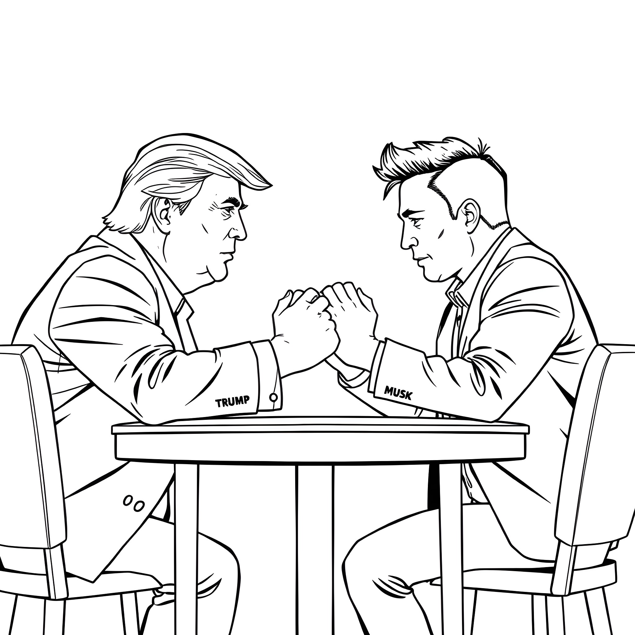 Donald Trump and Elon Musk in intense discussion Coloring Page (free black-and-white line drawing printable PDF for all, from beginners to advanced learners, including children, teens, adults, and seniors)