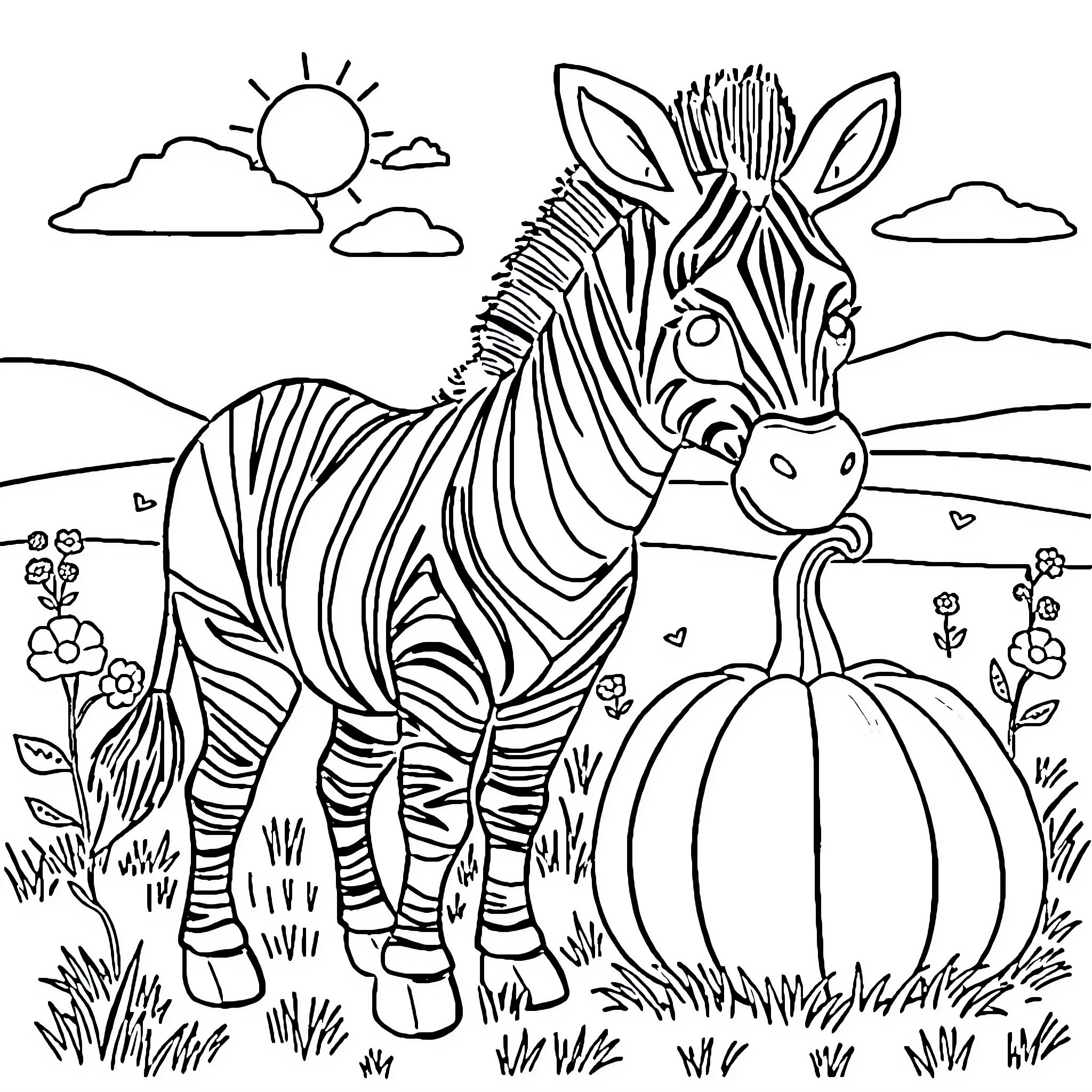 Zebra enjoying the sunny day in a field Coloring Page (free black-and-white line drawing printable PDF for all, from beginners to advanced learners, including children, teens, adults, and seniors)