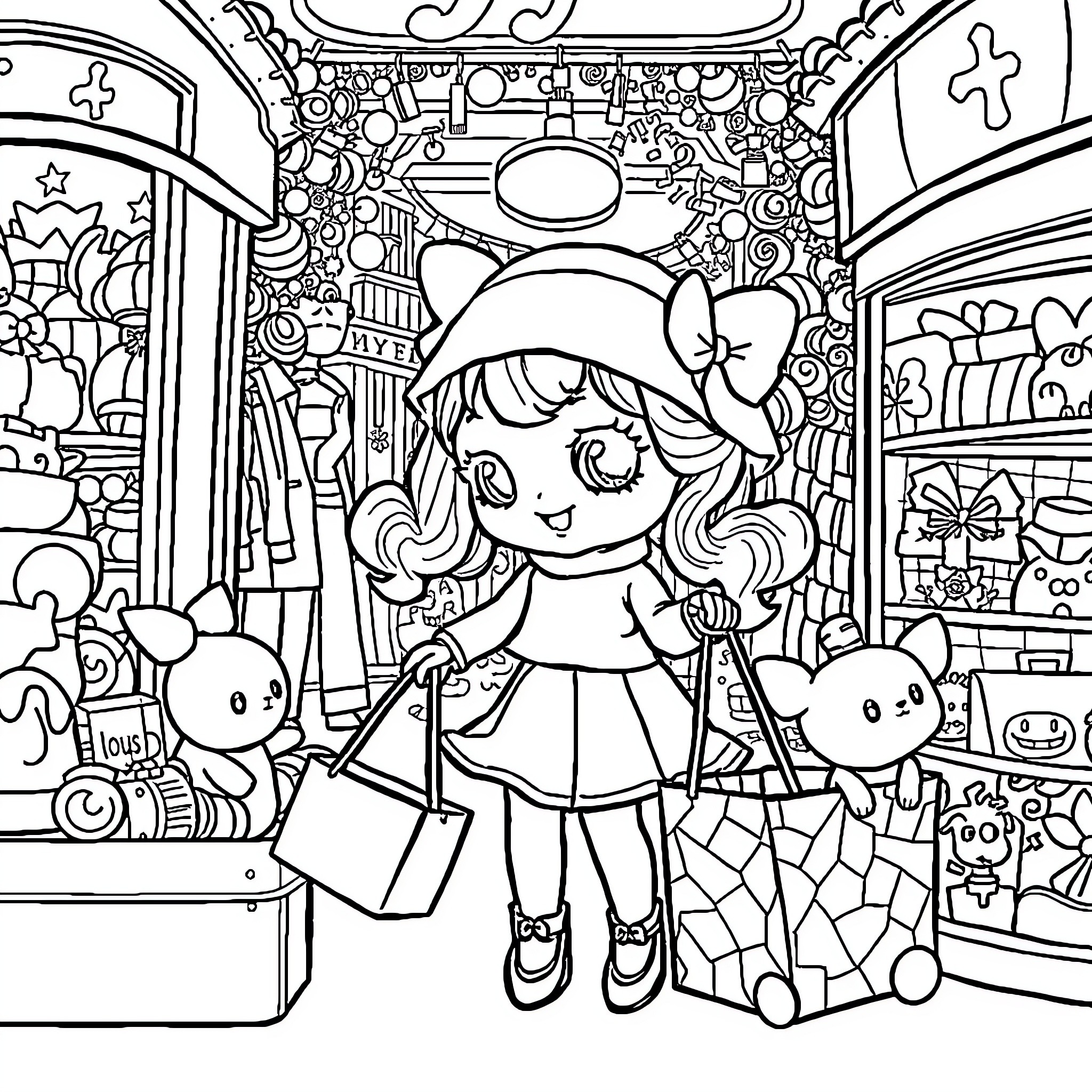 Labubu's Enchanting Shopping Spree Coloring Page (free black-and-white line drawing printable PDF for all, from beginners to advanced learners, including children, teens, adults, and seniors)