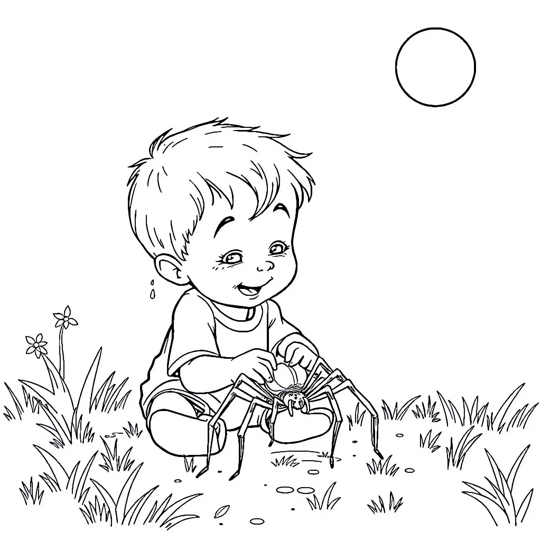Boy playing with toy robot in the garden Coloring Page (free black-and-white line drawing printable PDF for all, from beginners to advanced learners, including children, teens, adults, and seniors)